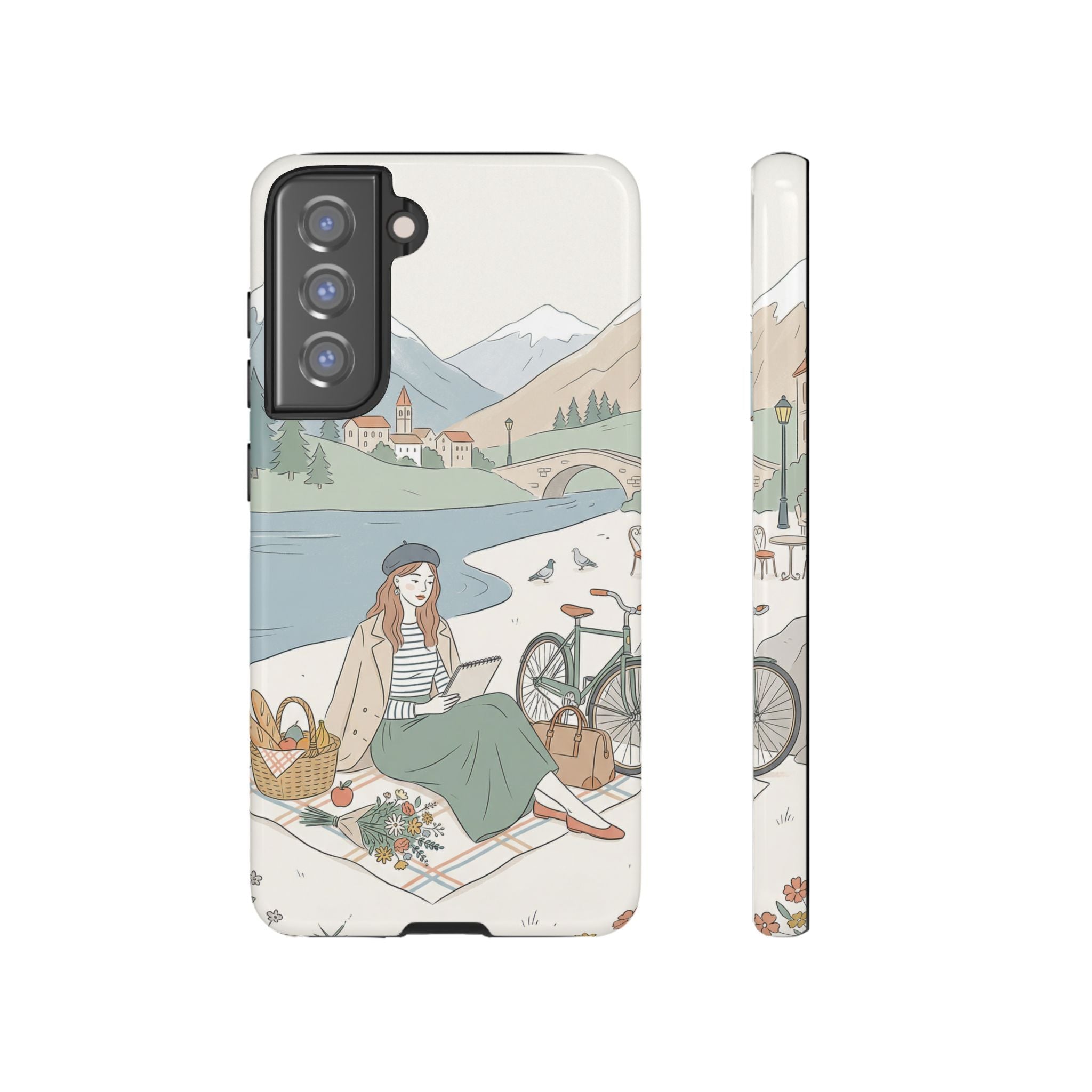 Scenic Picnic Samsung Galaxy Phone Case | Vintage Bicycle & Mountain Illustration