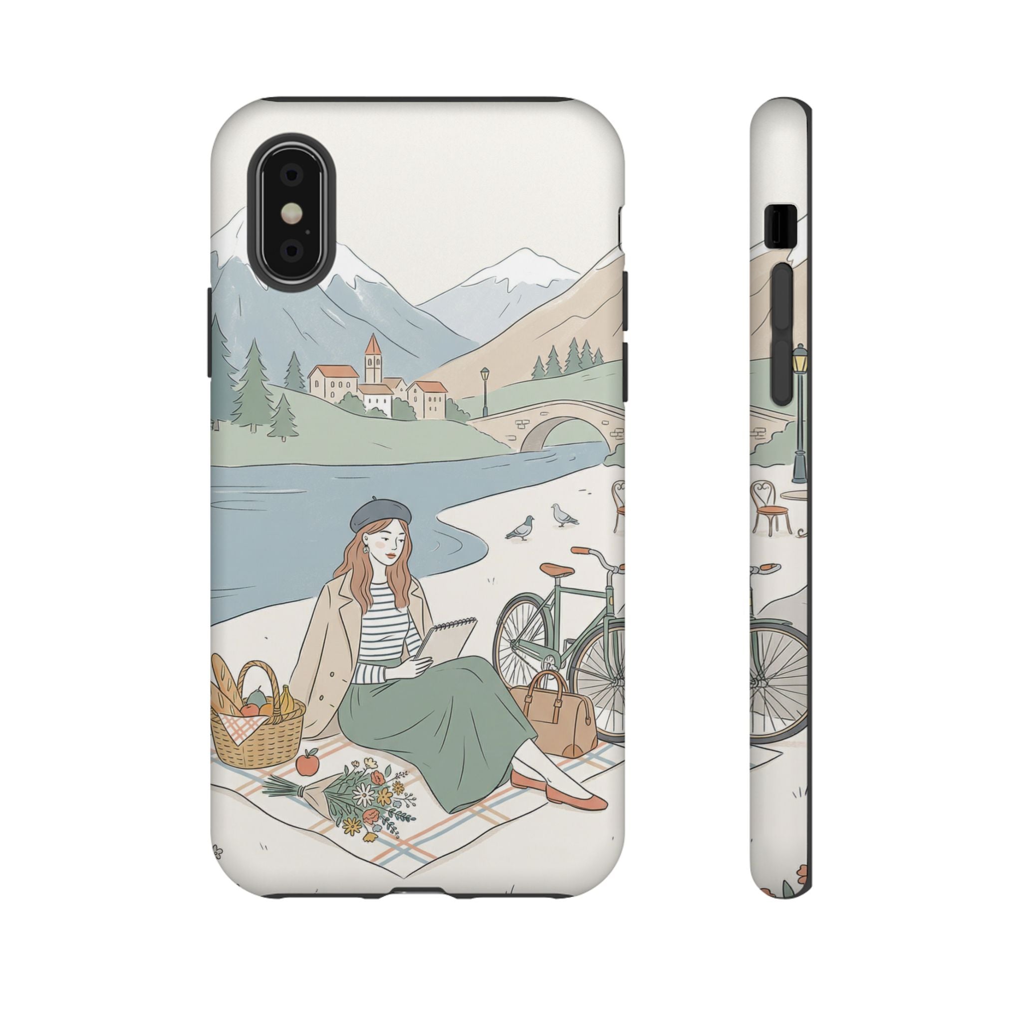 Scenic Picnic iPhone Case | Vintage Bicycle & Mountain Illustration