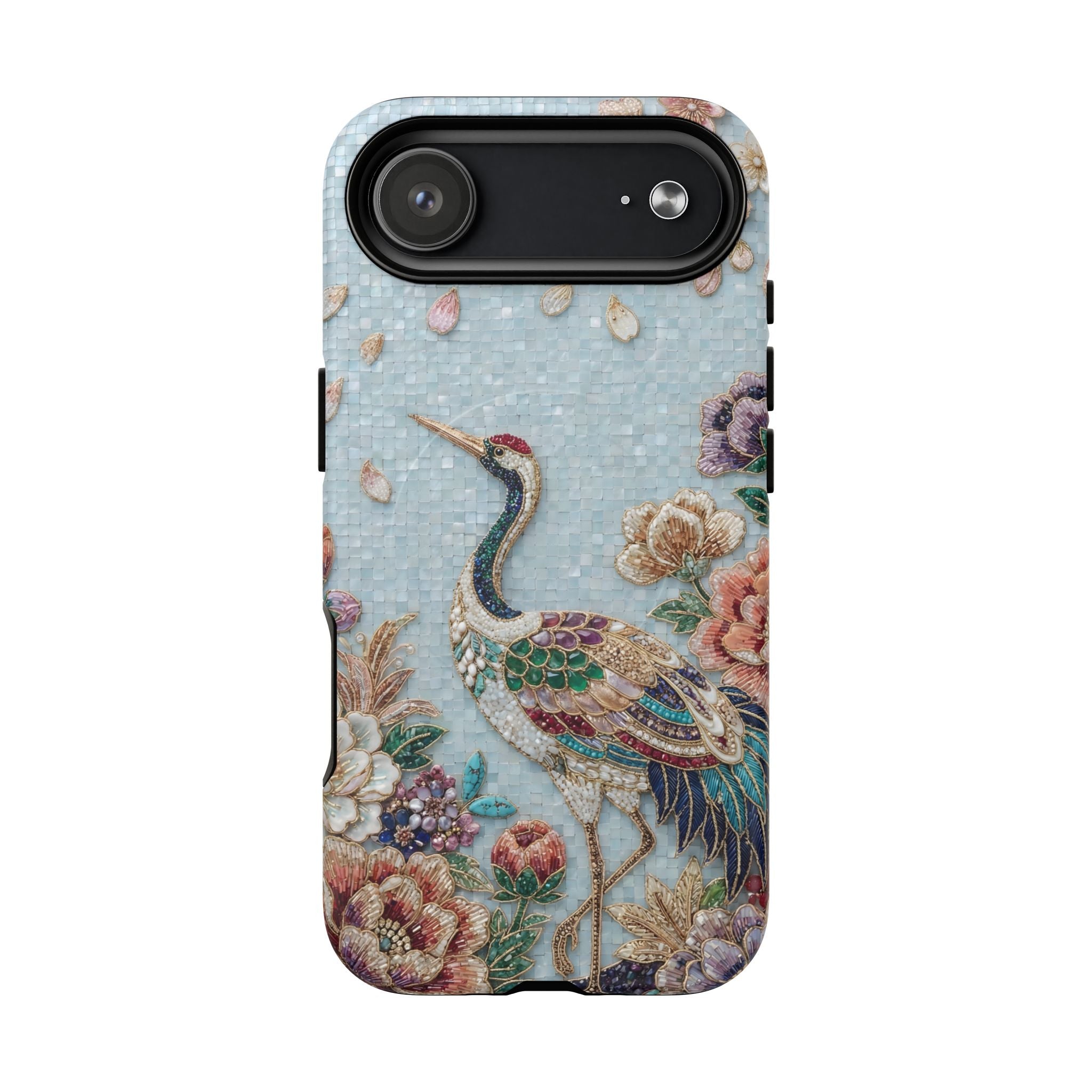 Floral Crane Tough MagSafe iPhone Case | Vintage Embroidered Bird Protection