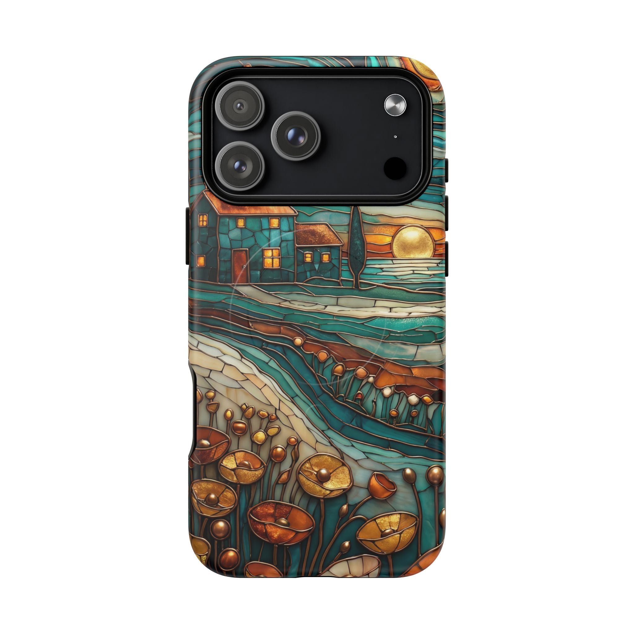 Custodia per telefono MagSafe resistente con paesaggio rustico al tramonto | Custodia protettiva artistica color verde acqua e rame