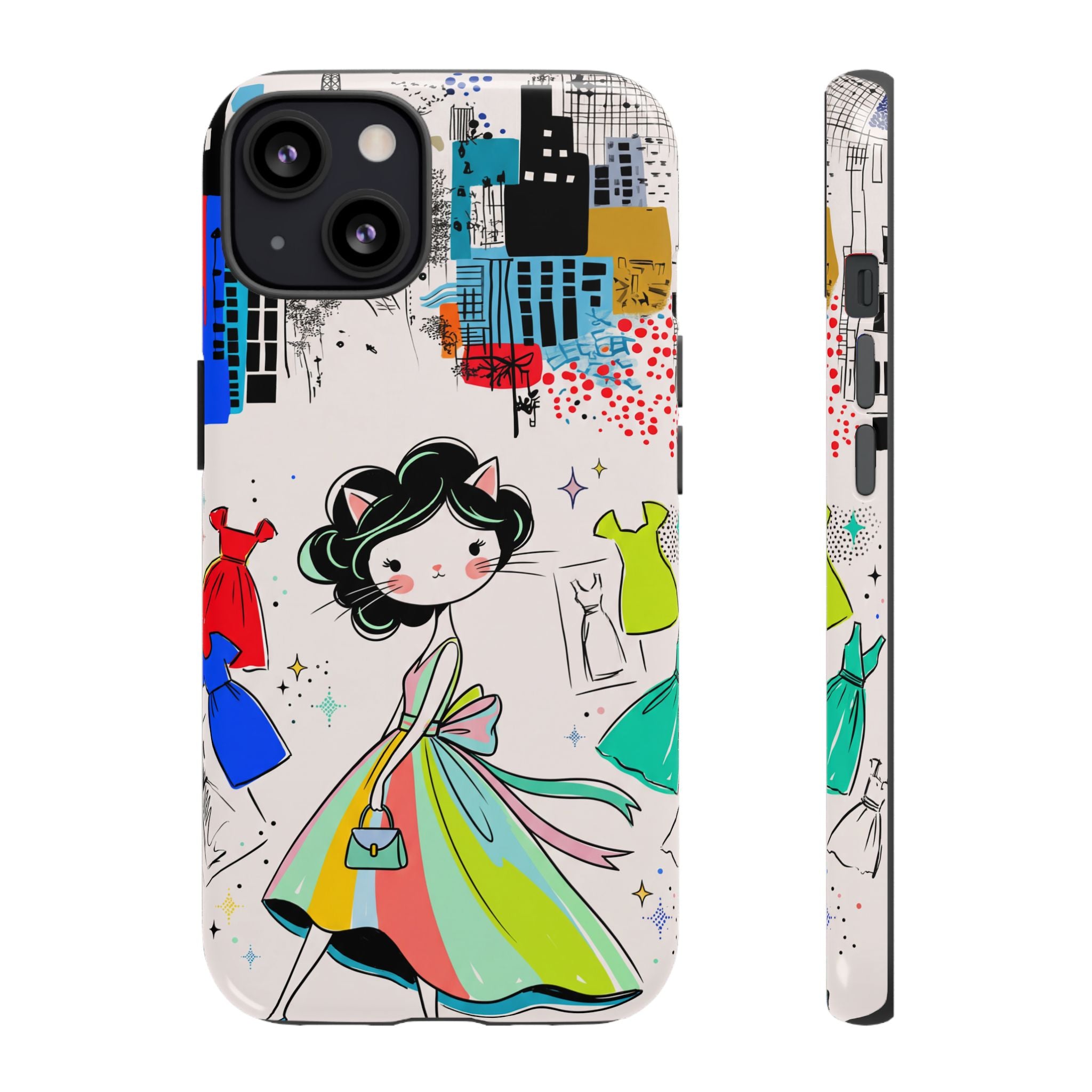 Retro Fashion Cat Girl iPhone Case | Cute Dress & City Print