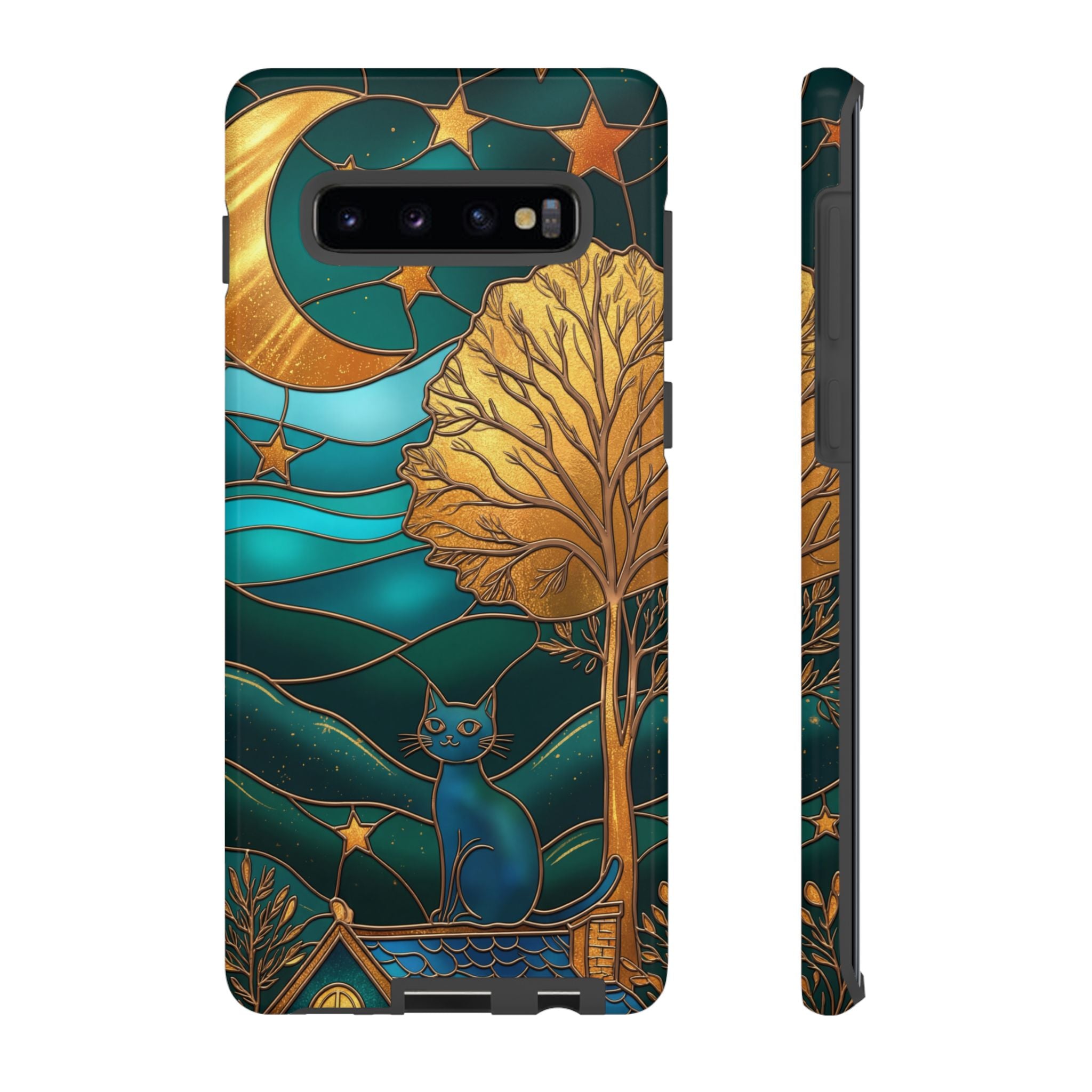 Stained Glass Cat Tough Samsung Galaxy Case | Gold Tree & Starry Night Design