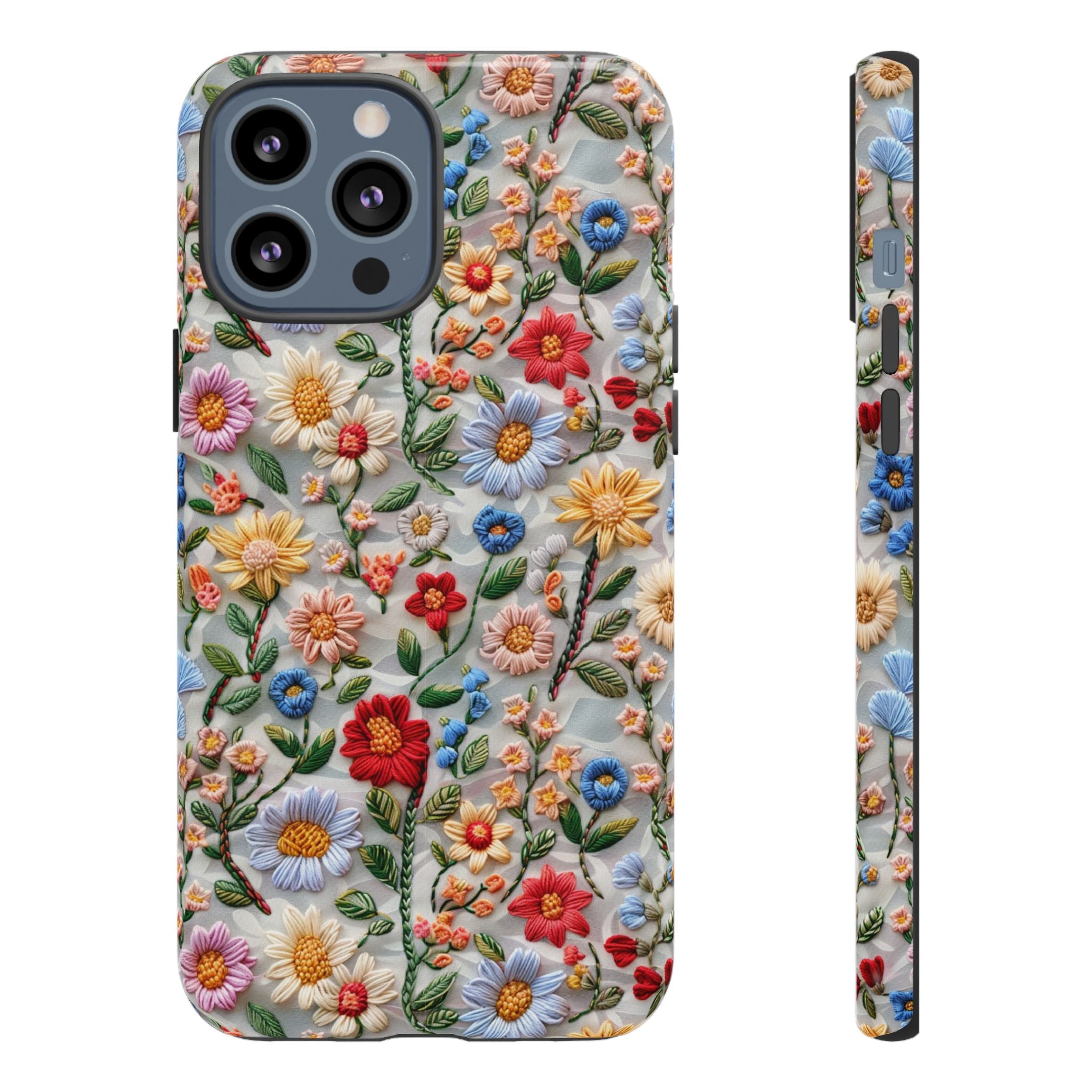 Floral Embroidered Pattern Tough iPhone Case — Colourful Daisy & Wildflower Design