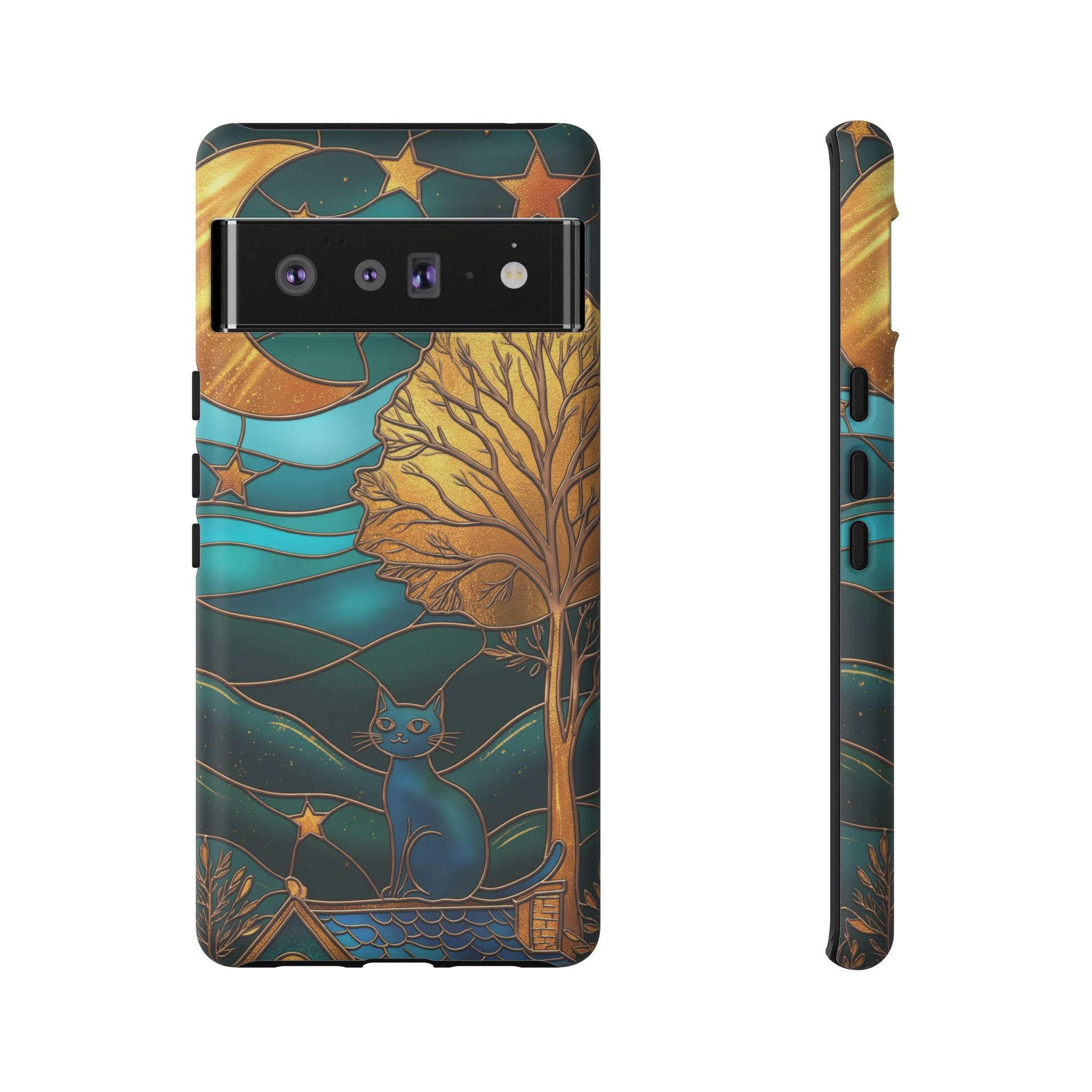 Stained Glass Night Cat Google Pixel Case | Teal & Gold Art Deco Protection