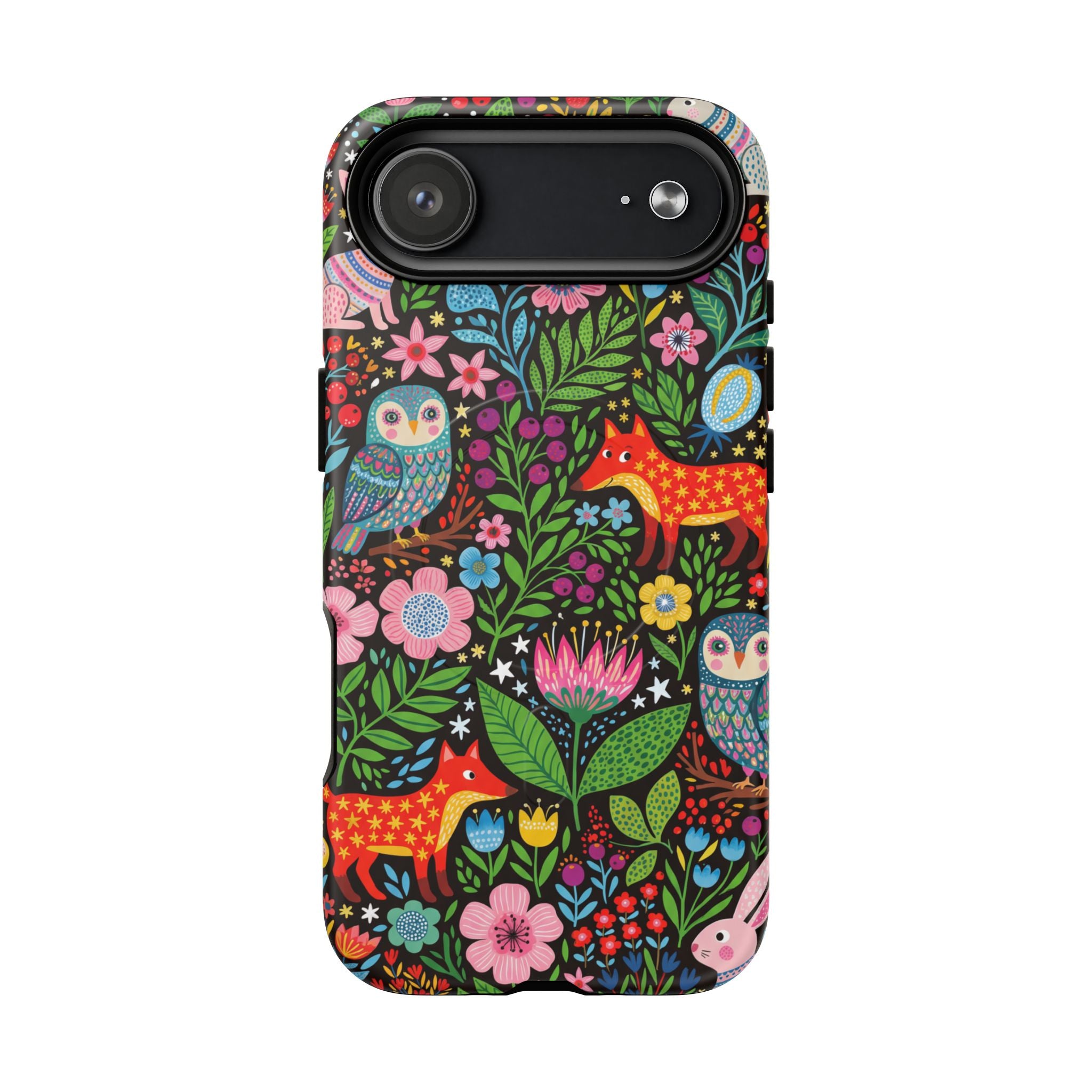 Floral Woodland MagSafe iPhone Case | Colourful Fox & Owl Protective Cover