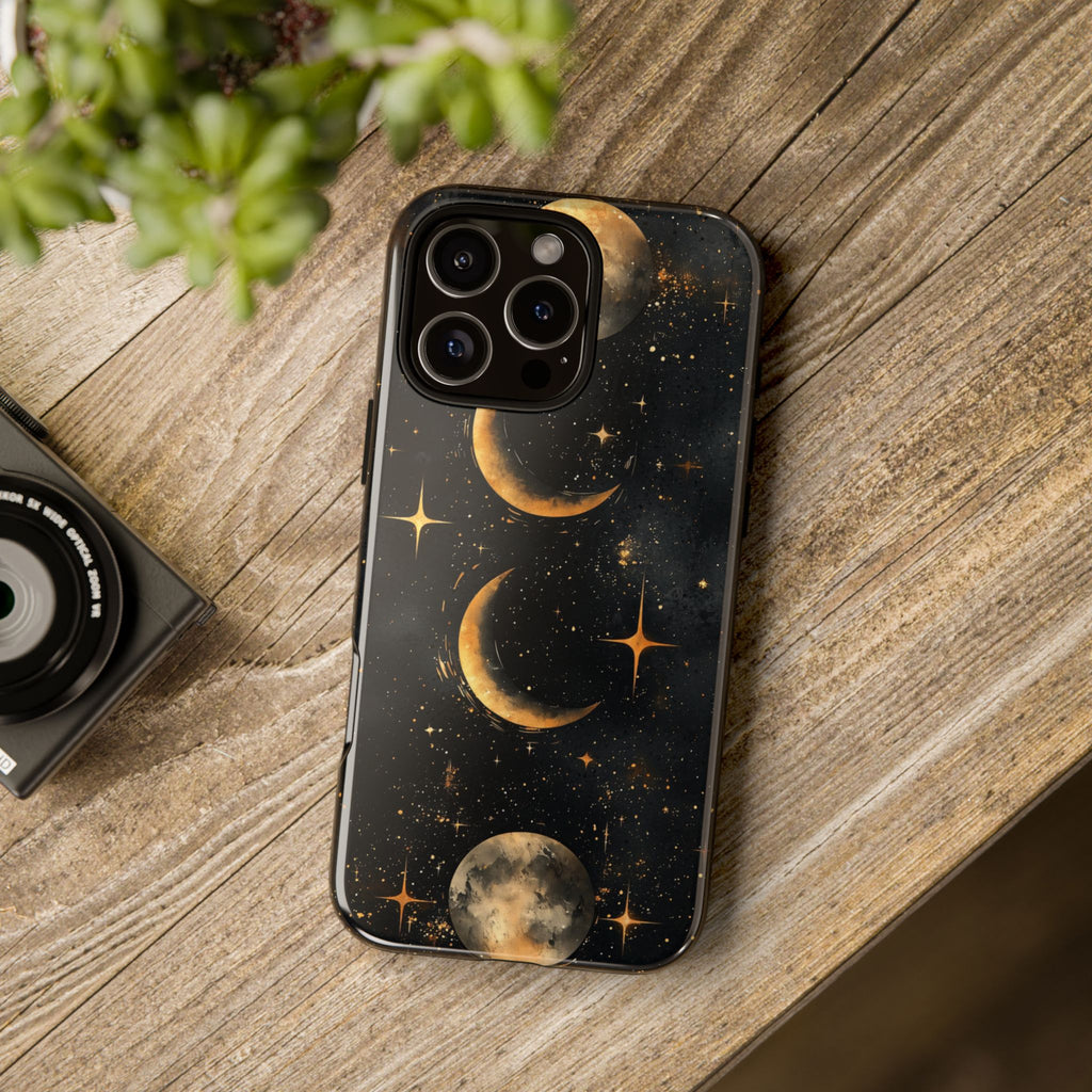 Celestial Moon Phases Tough iPhone Case | Gold Crescent & Full Moon Galaxy Design