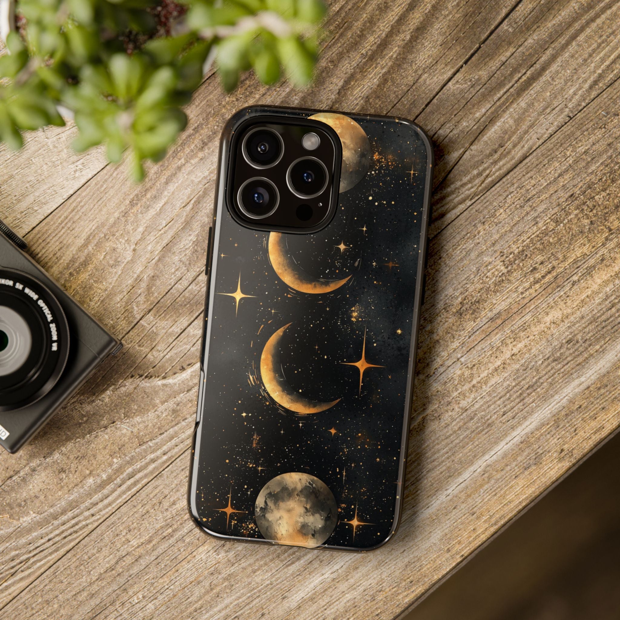 Celestial Moon Phases Tough iPhone Case | Gold Crescent & Full Moon Galaxy Design