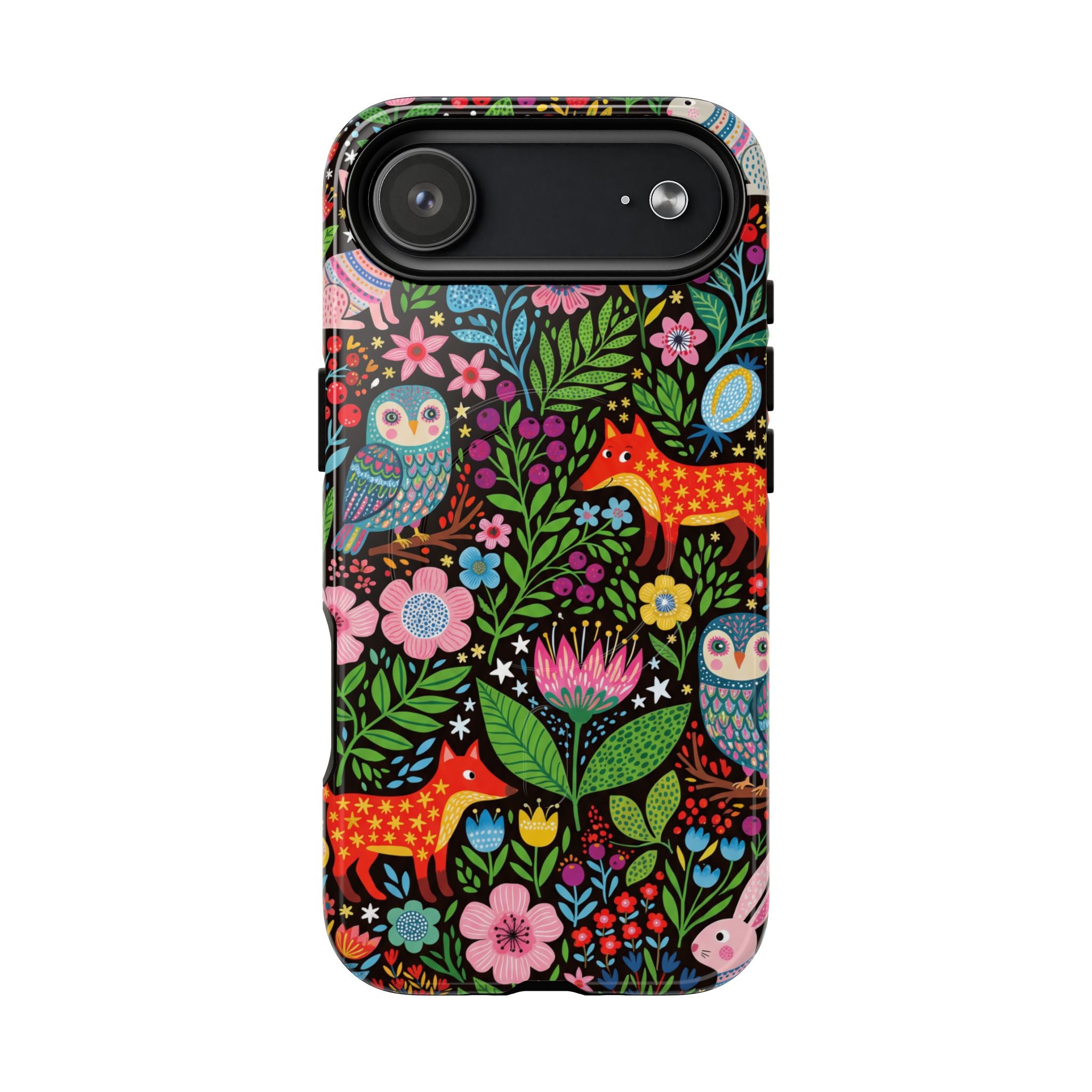 Floral Woodland MagSafe iPhone Case | Colourful Fox & Owl Protective Cover