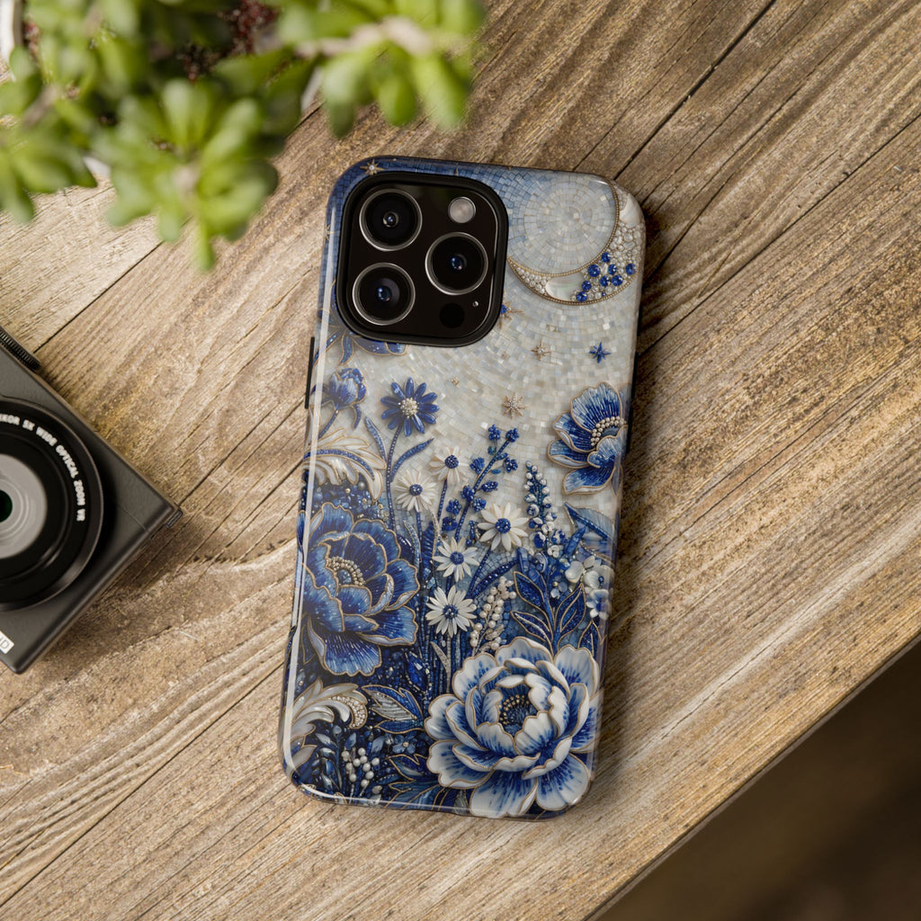 Cover iPhone Luna Floreale Blu | Custodia Protettiva Vintage Motivo Botanico Notturno