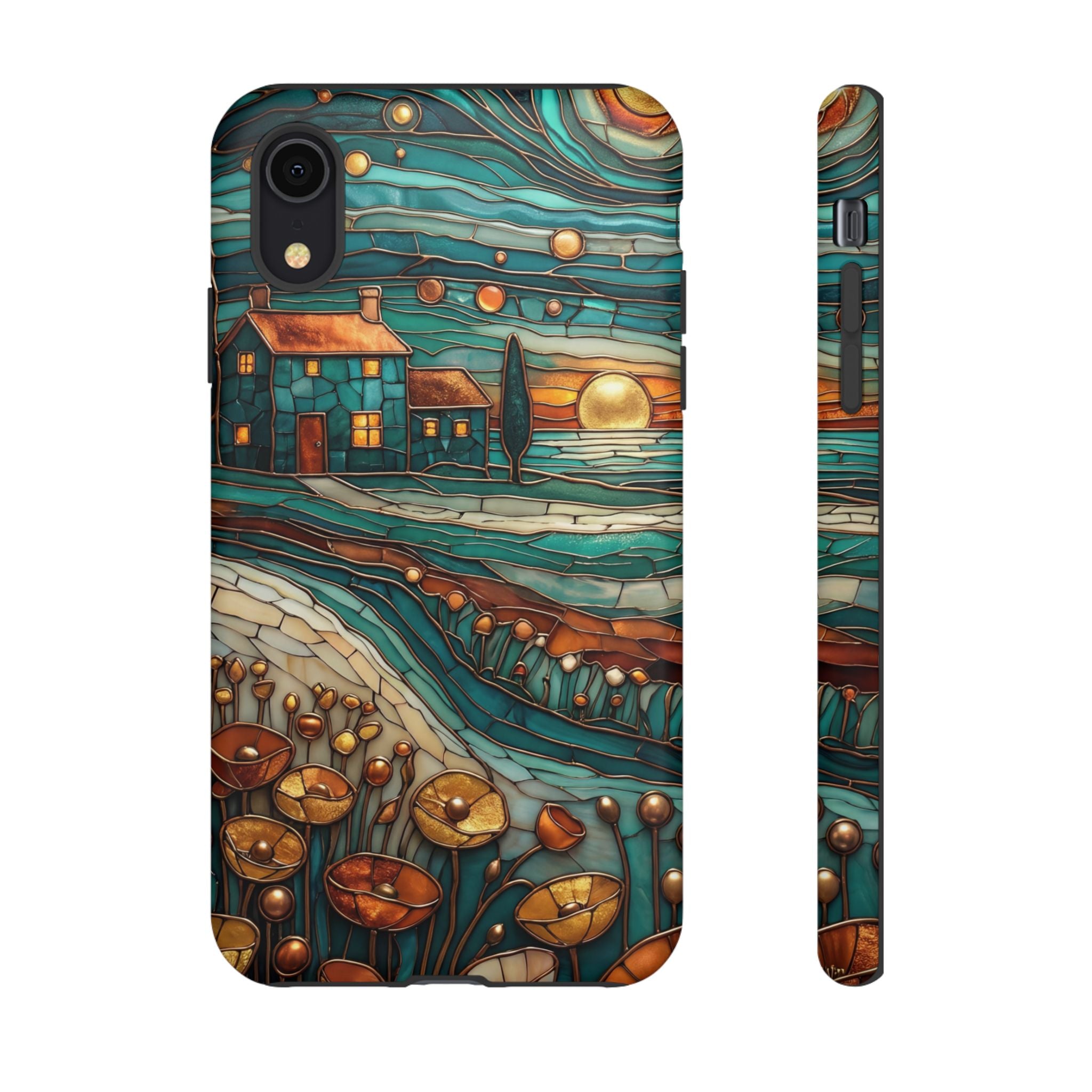 Artistic Sunset Cottage iPhone Case | Whimsical Floral Landscape Protective Cover