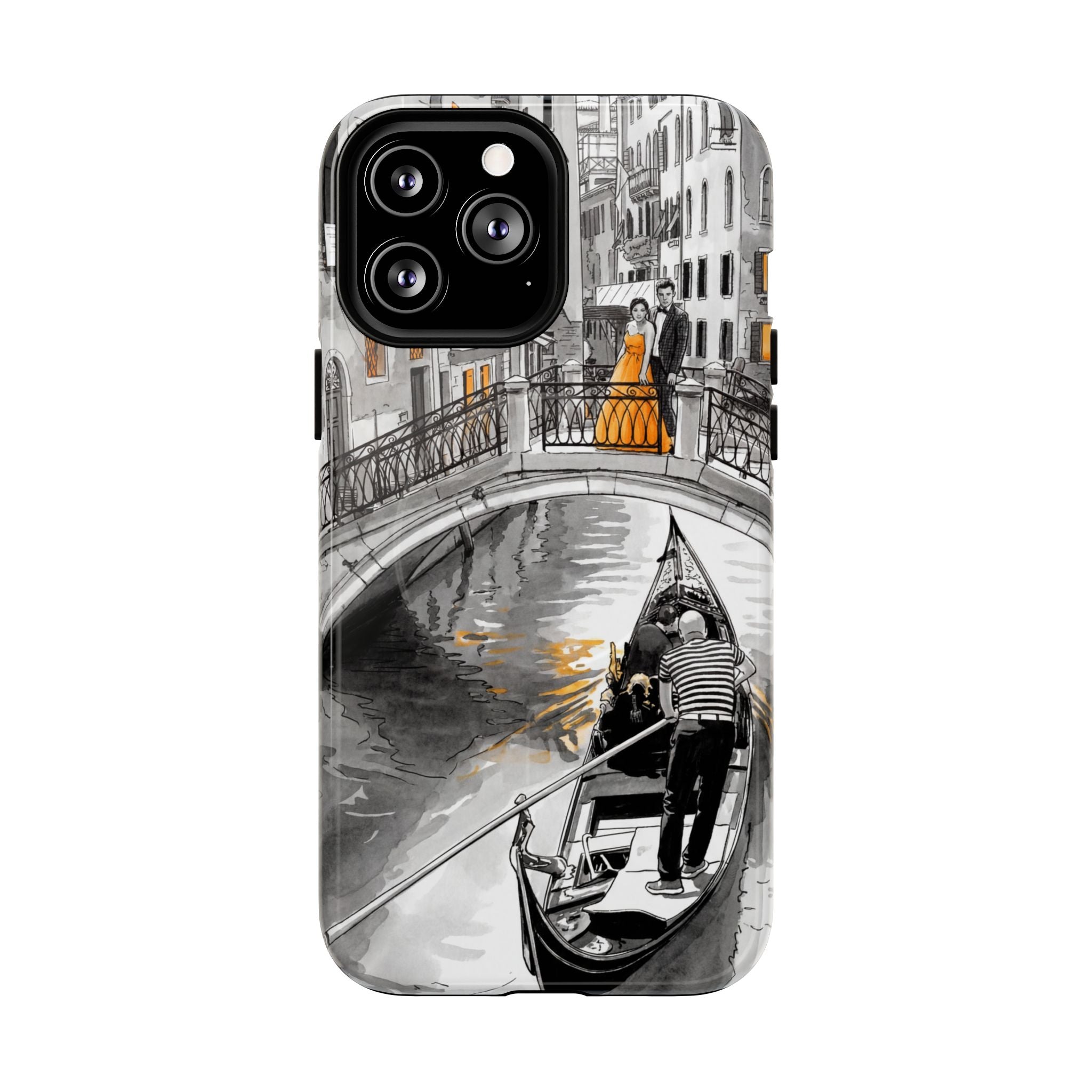 Custodia per iPhone Gondola di Venezia | Custodia MagSafe resistente con motivo schizzo in bianco e nero e dettagli dorati