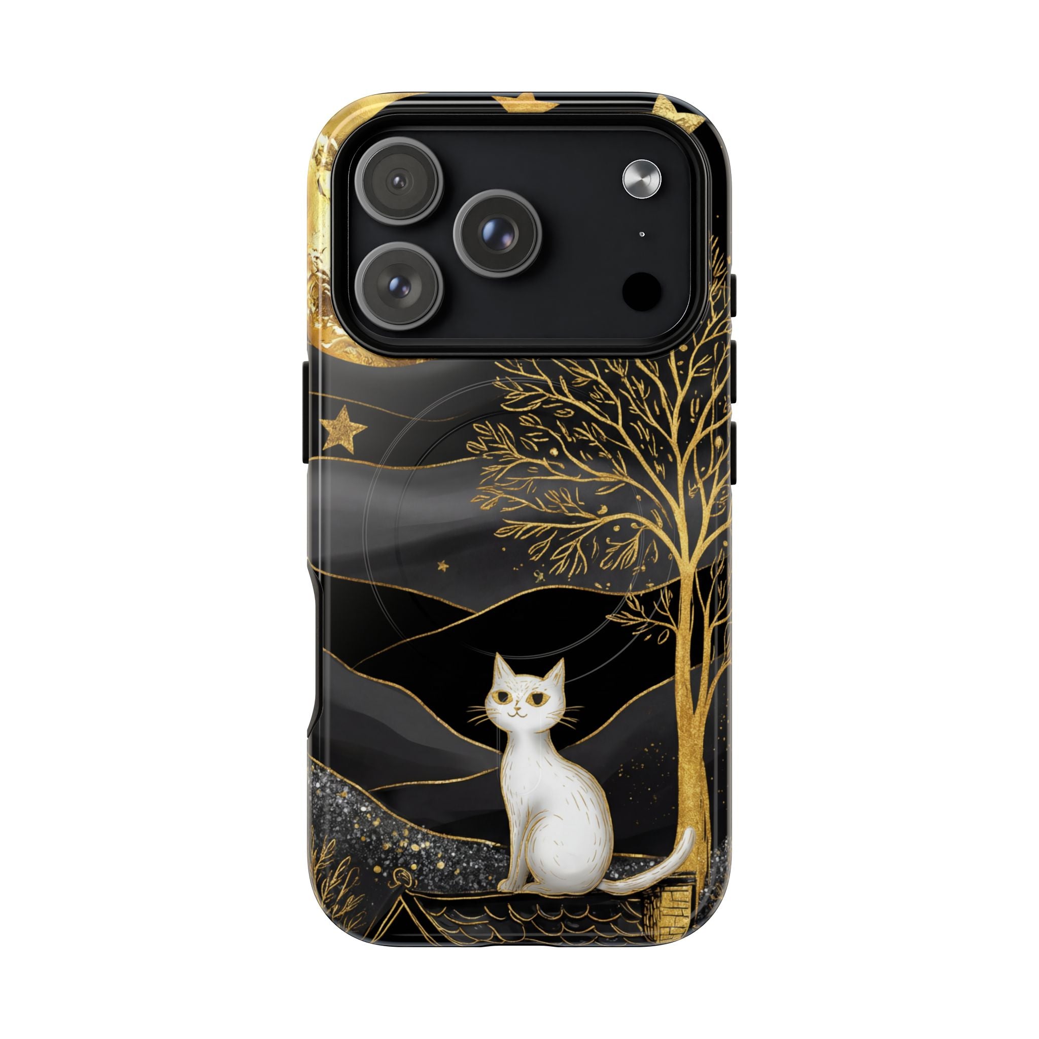 Custodia per iPhone Moonlit Cat | Custodia resistente MagSafe nera e oro