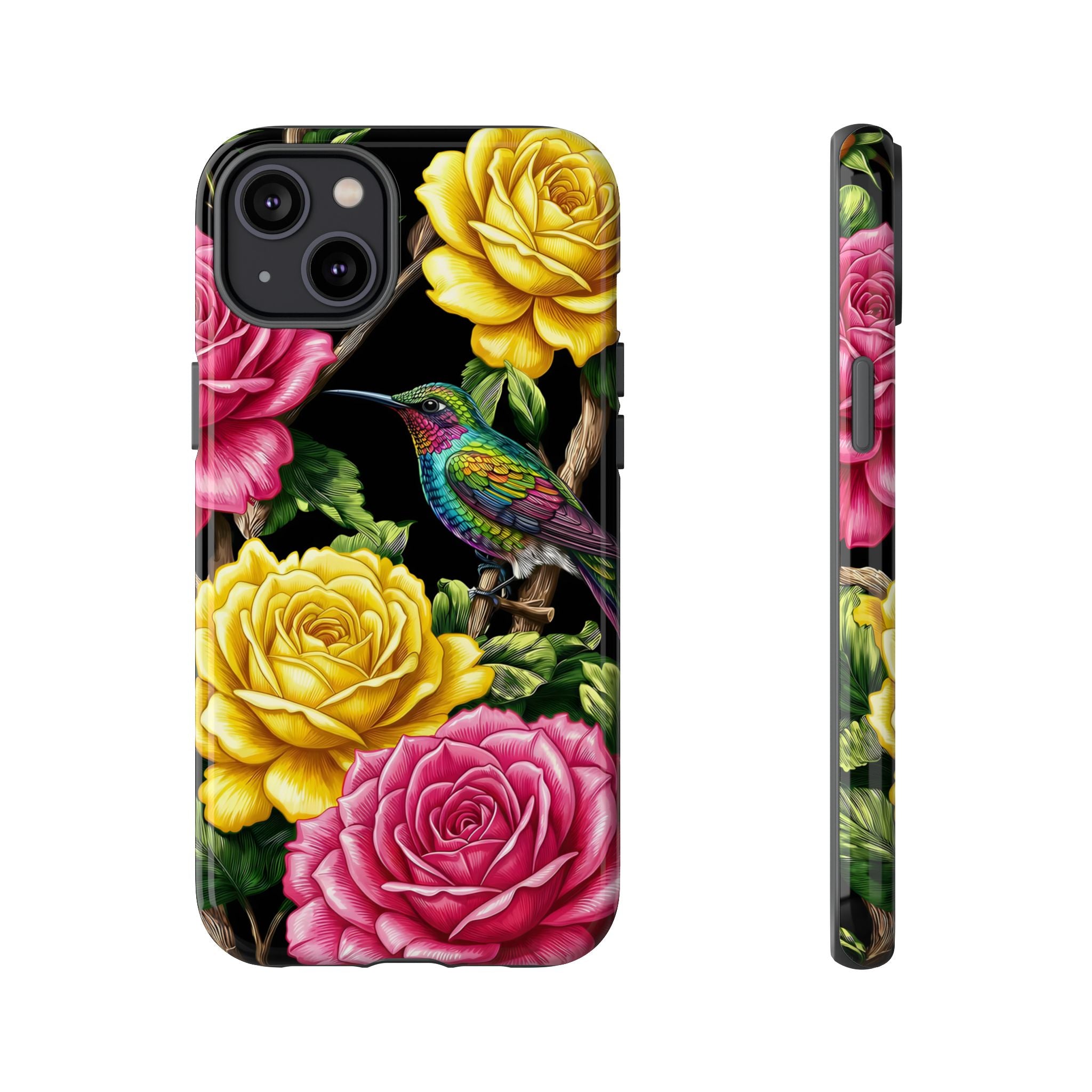 Floral Hummingbird Tough iPhone Case | Vibrant Rose & Yellow Garden Protection