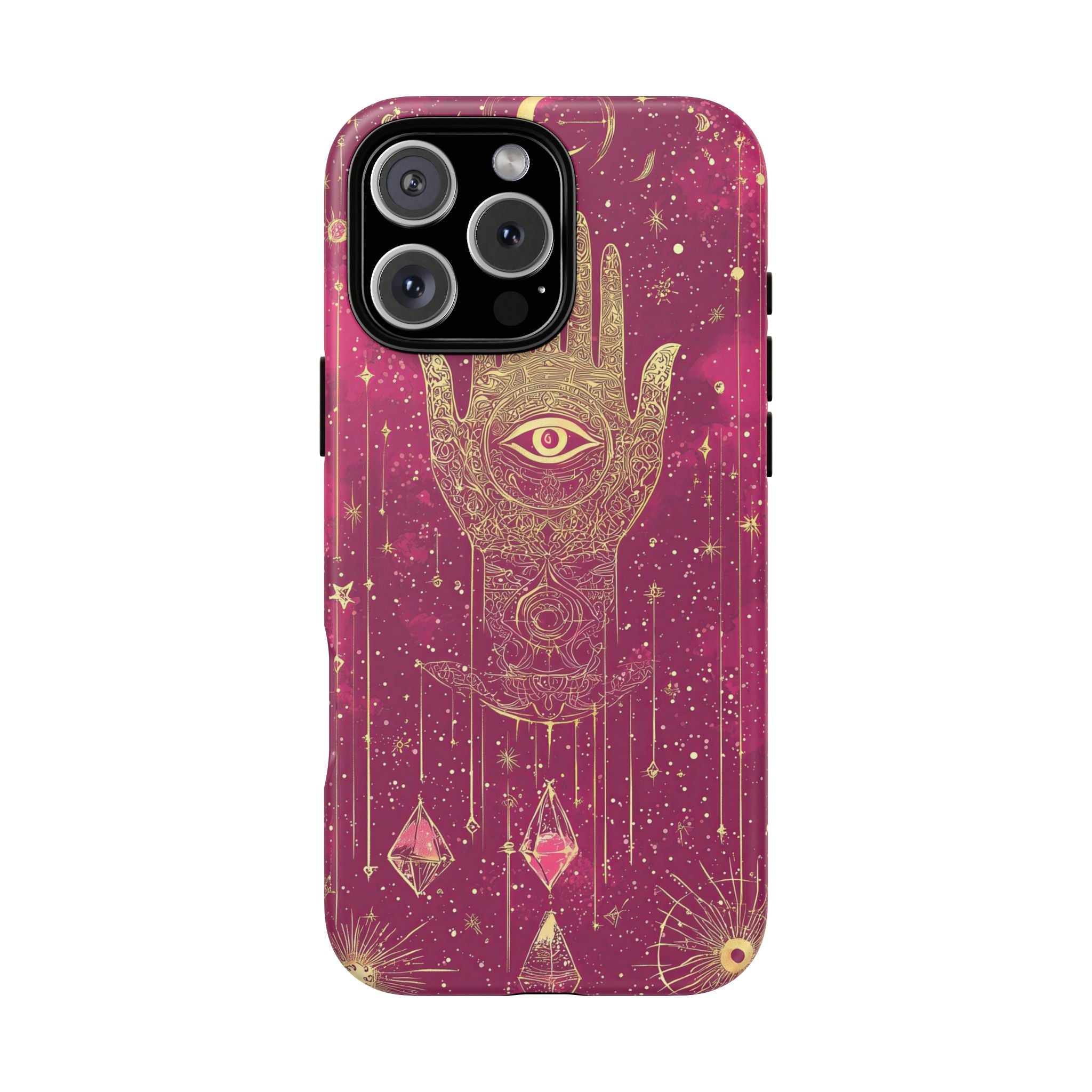 Mystic Hamsa iPhone Case | Gold Palm & All-Seeing Eye on Magenta Galaxy