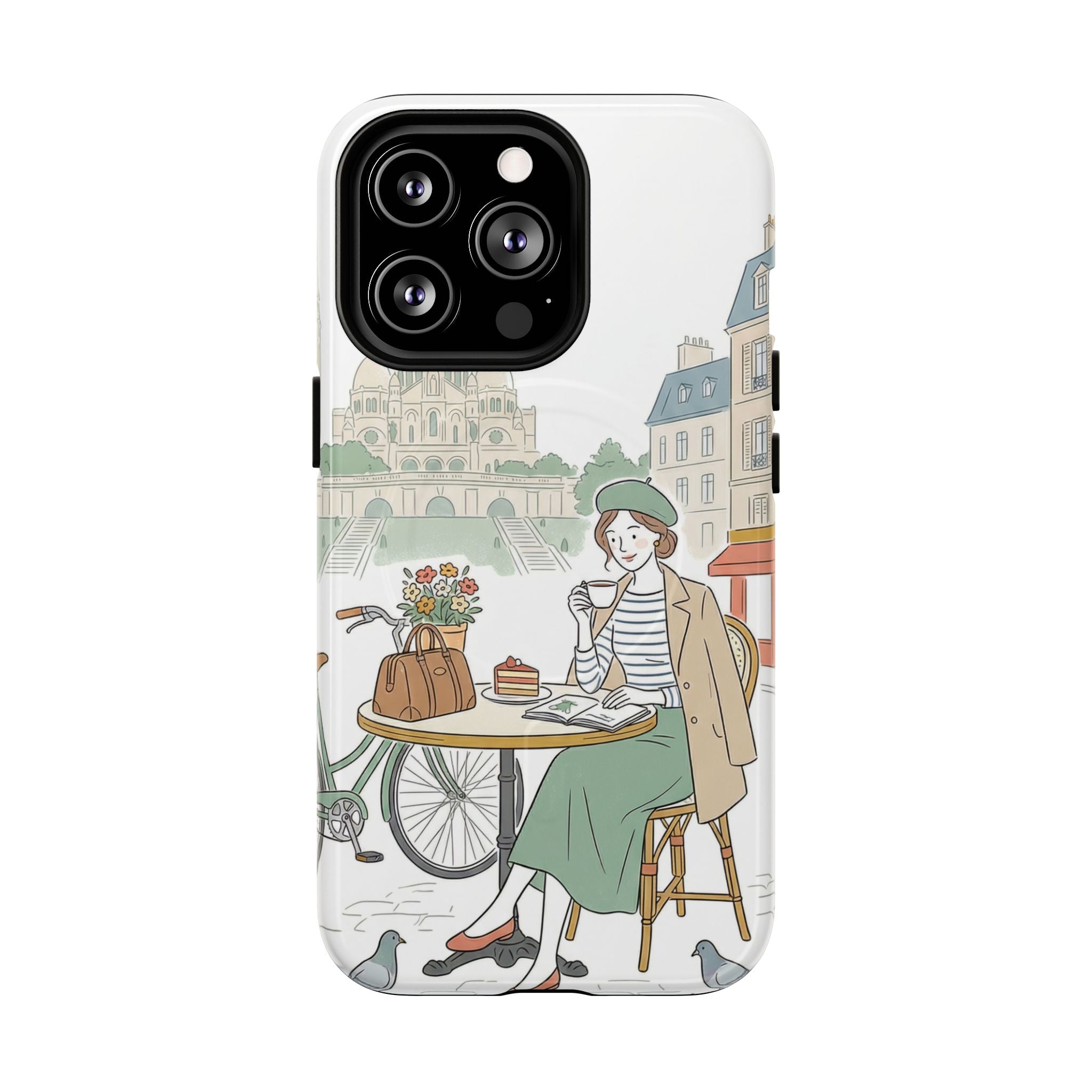 Paris Cafe Illustration MagSafe iPhone Case | Vintage Bicycles & Pigeons Protective Cover