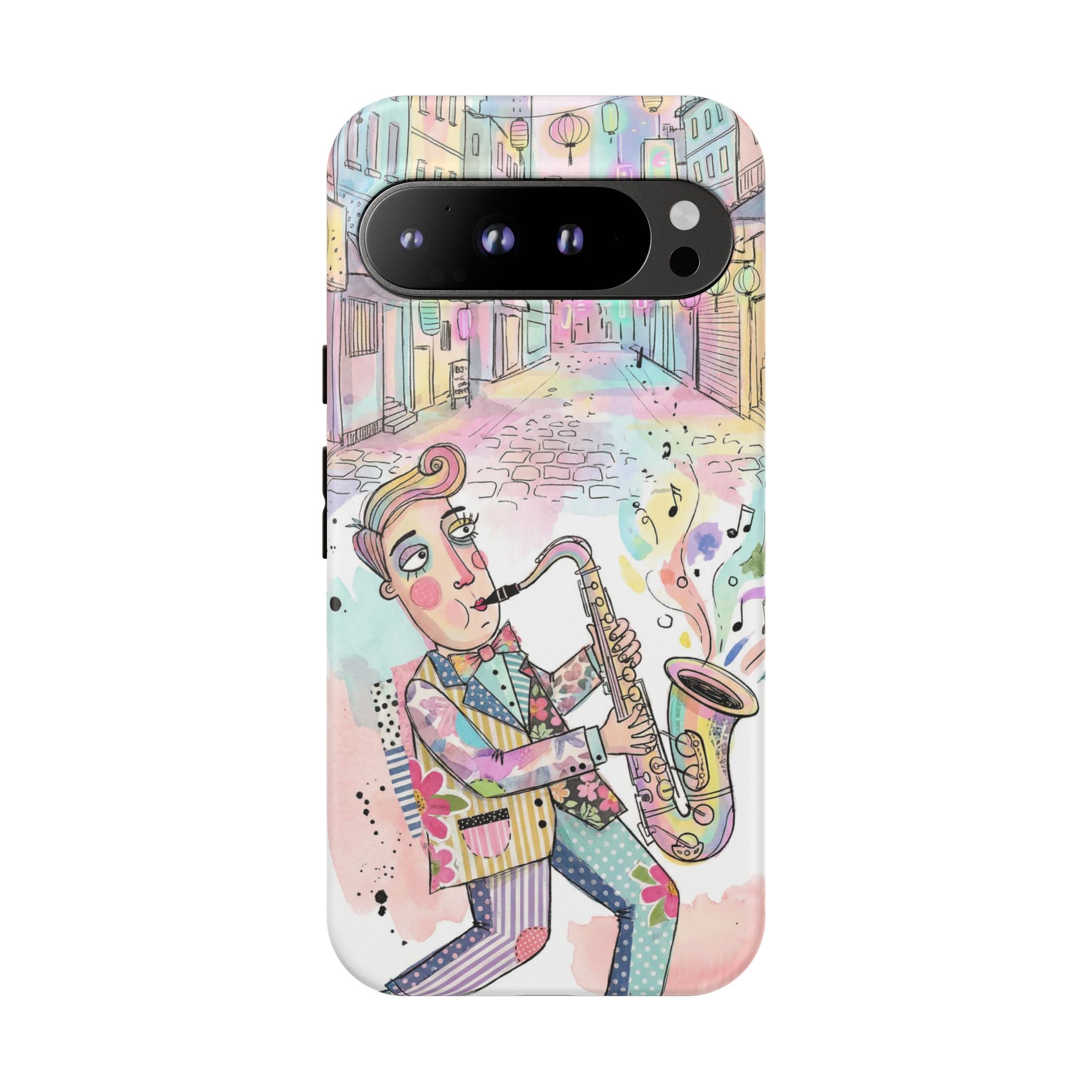 Sax Player Art Google Pixel Phone Case | Pastel Jazz Street Illustration