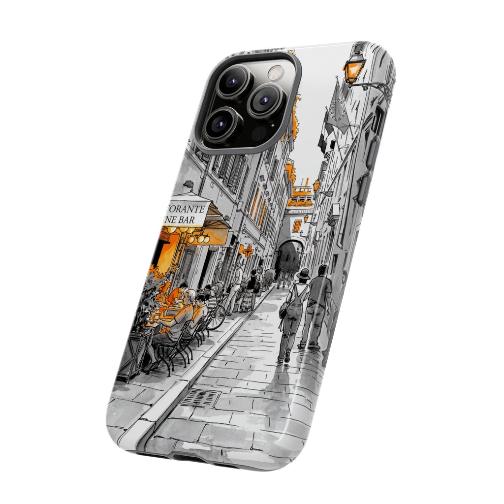Custodia per iPhone Vintage Italy Street | Schizzo in bianco e nero con dettagli arancioni