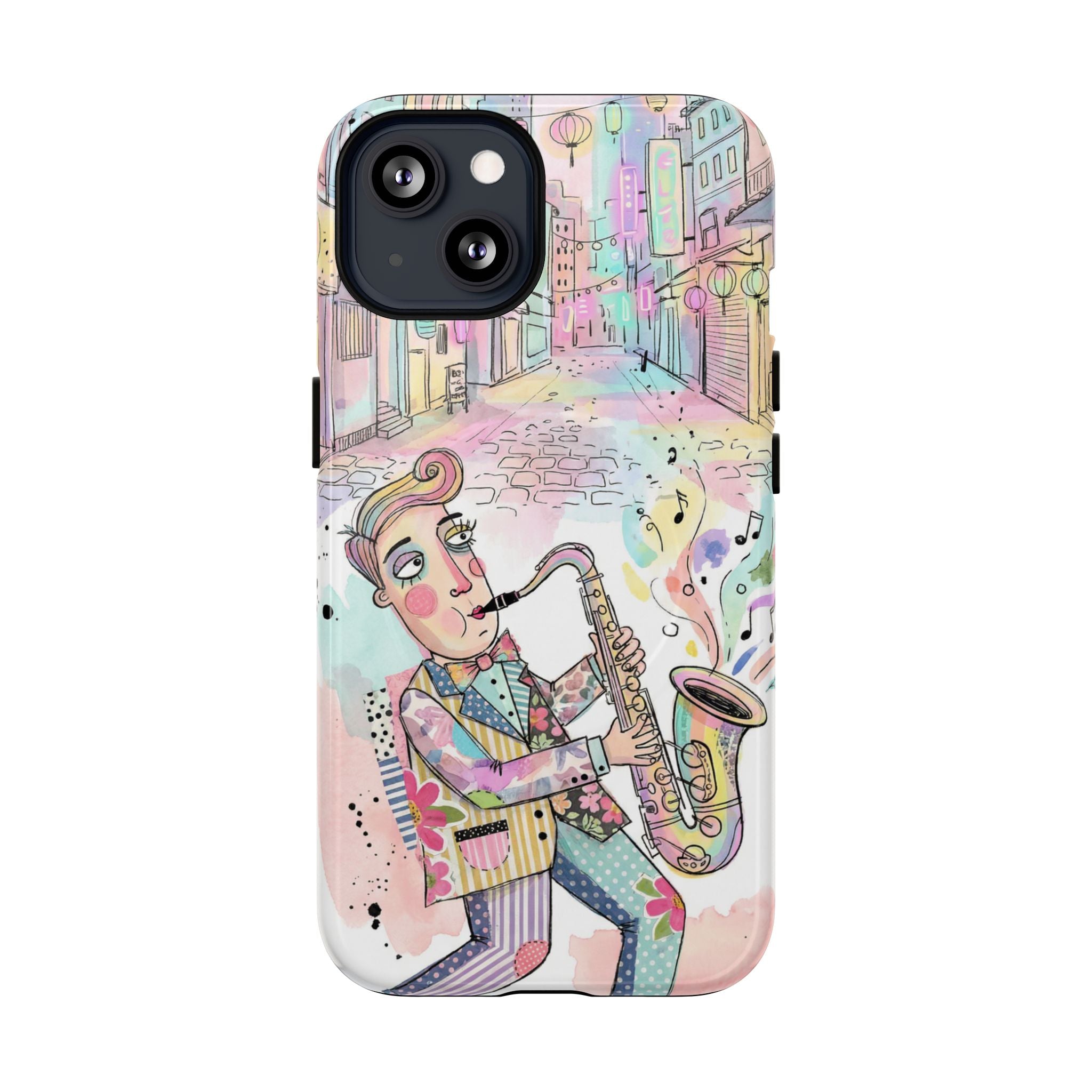 Sax Player Art MagSafe iPhone Case | Pastel Jazz Street Illustration