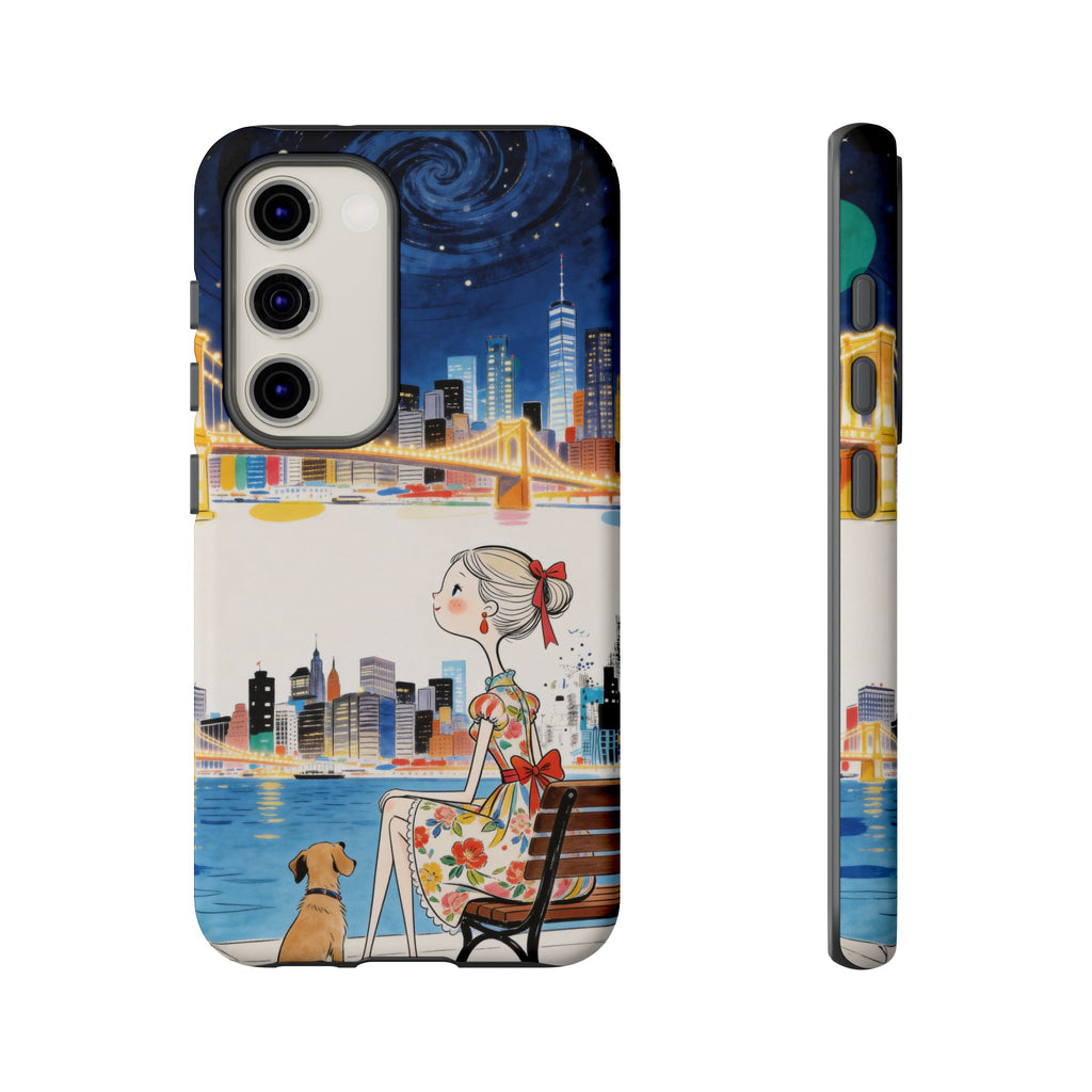 Cover per Samsung Galaxy "City Night" | Illustrazione Ragazza e Cane su Panchina