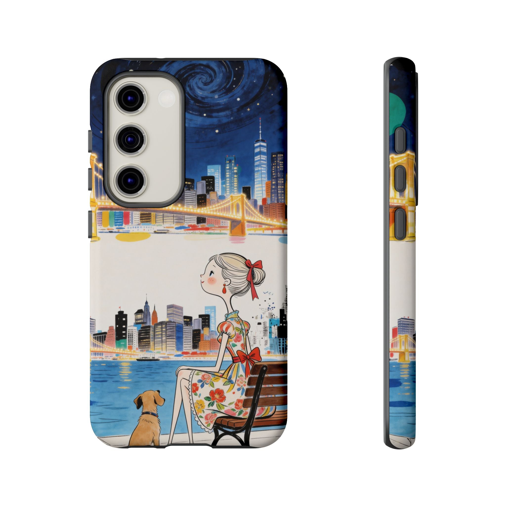 City Night Samsung Galaxy Phone Case | Cute Girl & Dog Bench Illustration