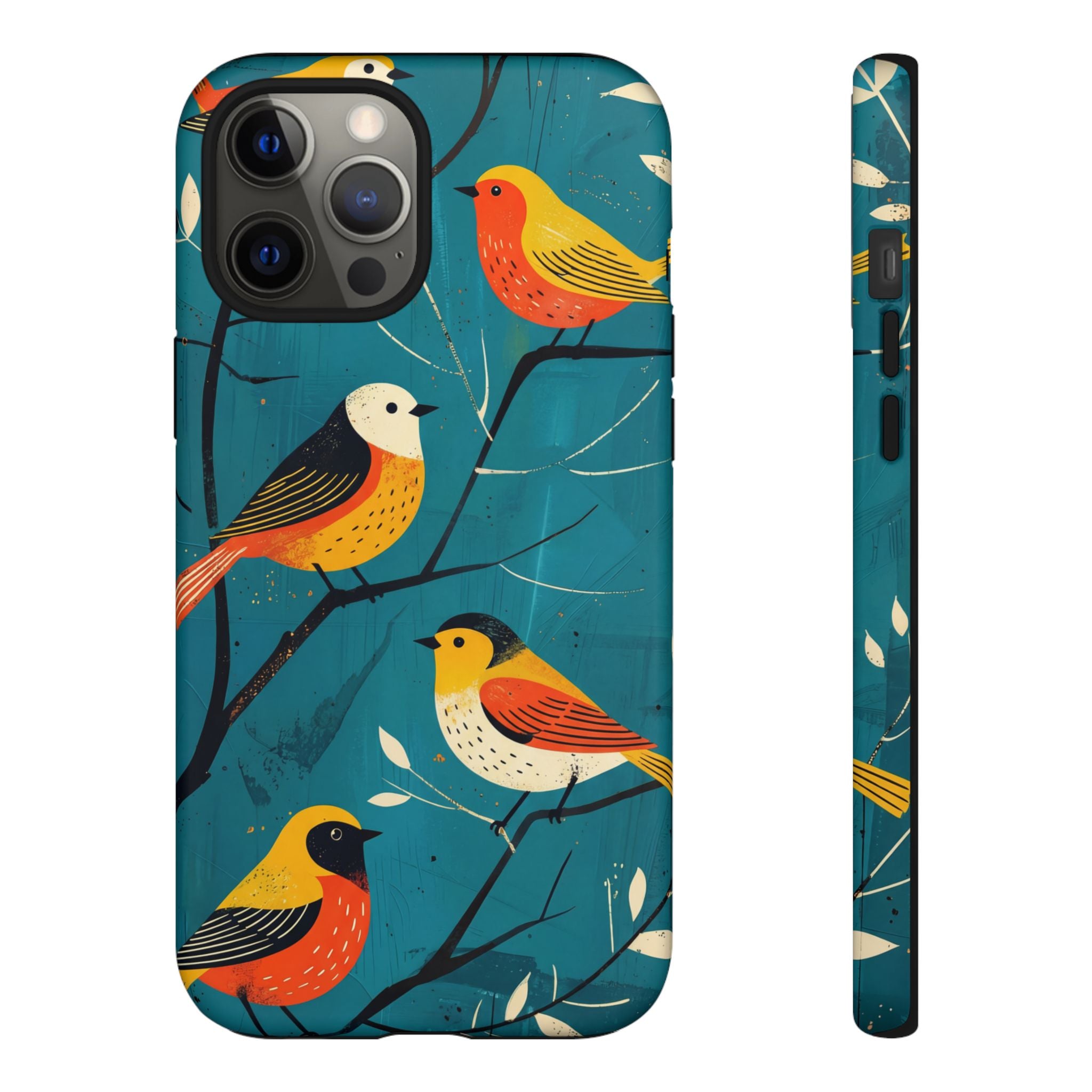 Bird Pattern Tough iPhone Case | Colourful Songbirds on Teal Background