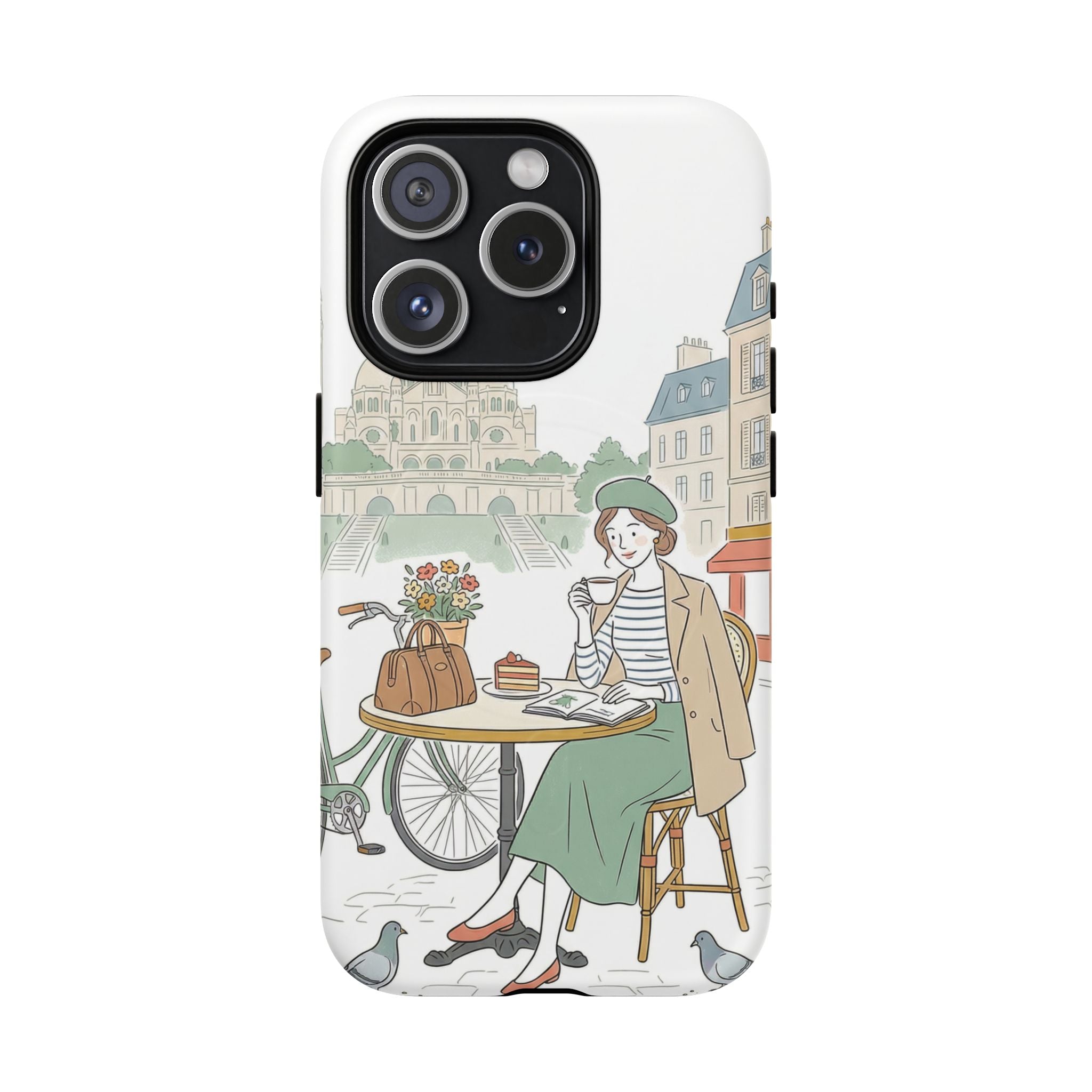 Paris Cafe Illustration MagSafe iPhone Case | Vintage Bicycles & Pigeons Protective Cover