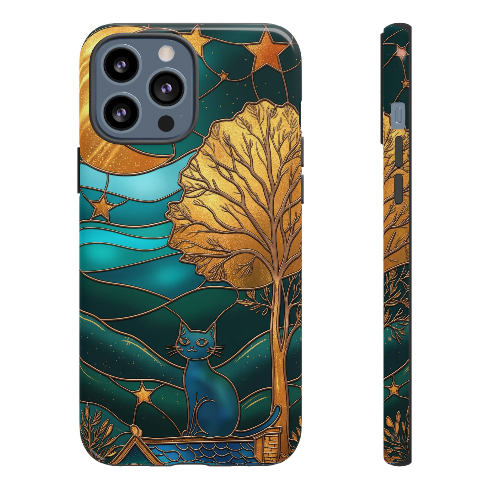 Stained Glass Cat Tough iPhone Case — Gold Tree & Starry Night Design