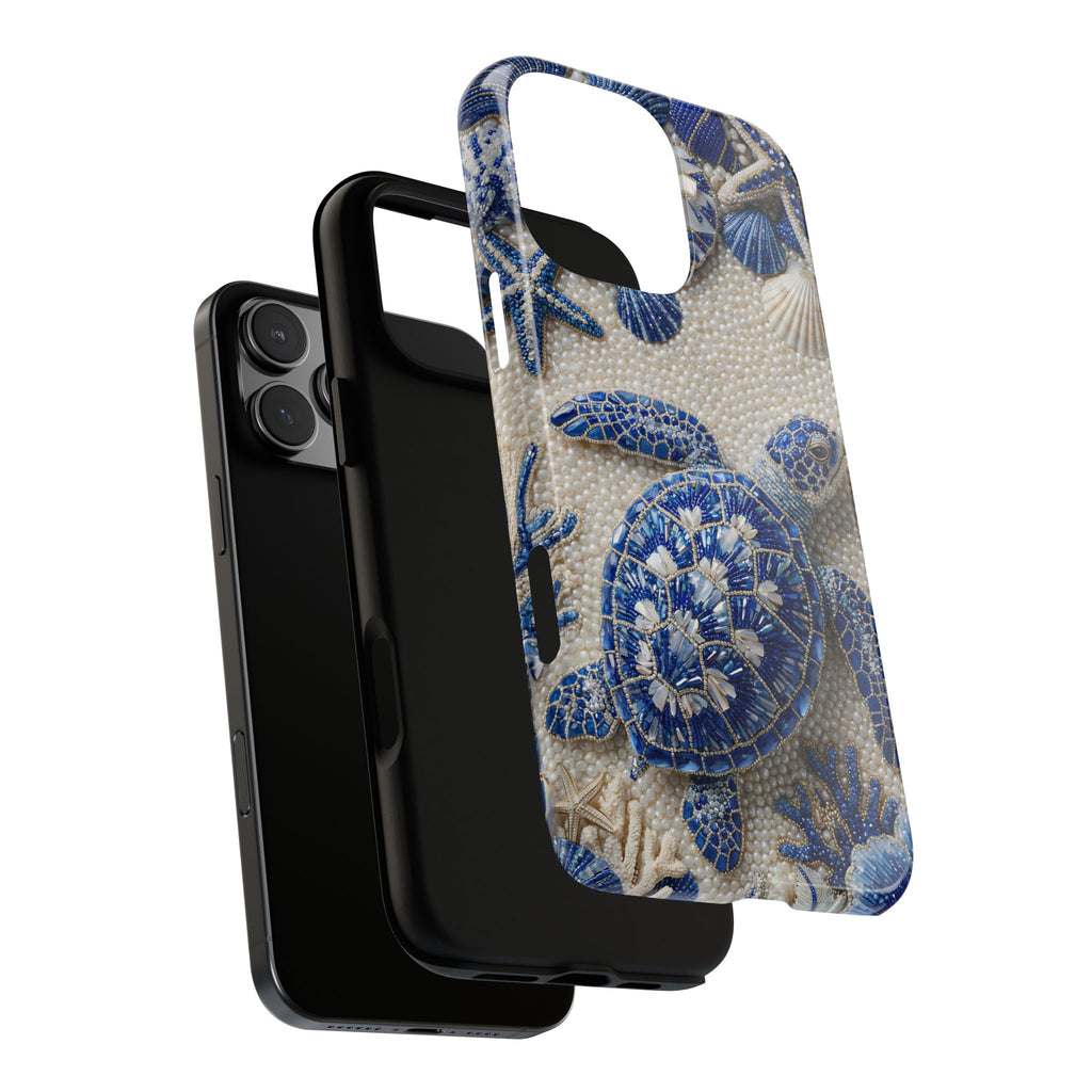 Cover per iPhone con motivo in ceramica blu a tartaruga marina