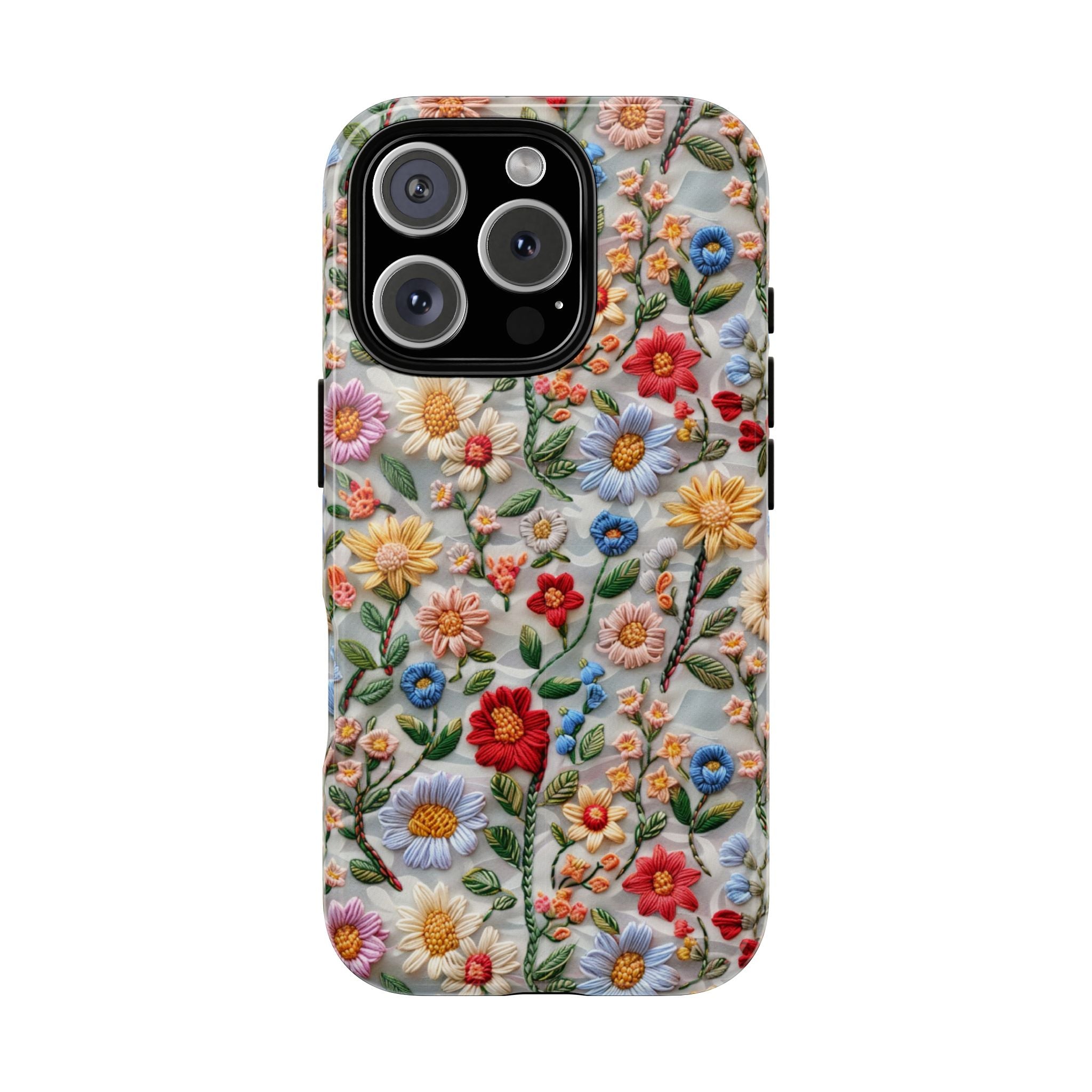 Floral Embroidered Pattern Tough iPhone Case — Colourful Daisy & Wildflower Design