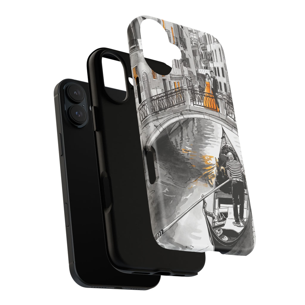 Custodia per iPhone Gondola di Venezia | Custodia MagSafe resistente con motivo schizzo in bianco e nero e dettagli dorati