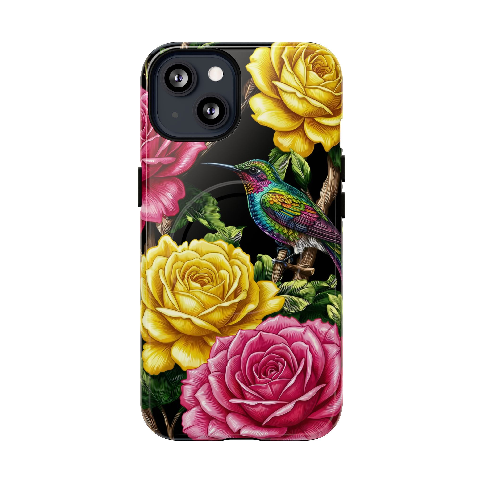 Floral Hummingbird Tough MagSafe iPhone Case | Vibrant Rose & Yellow Garden Protection