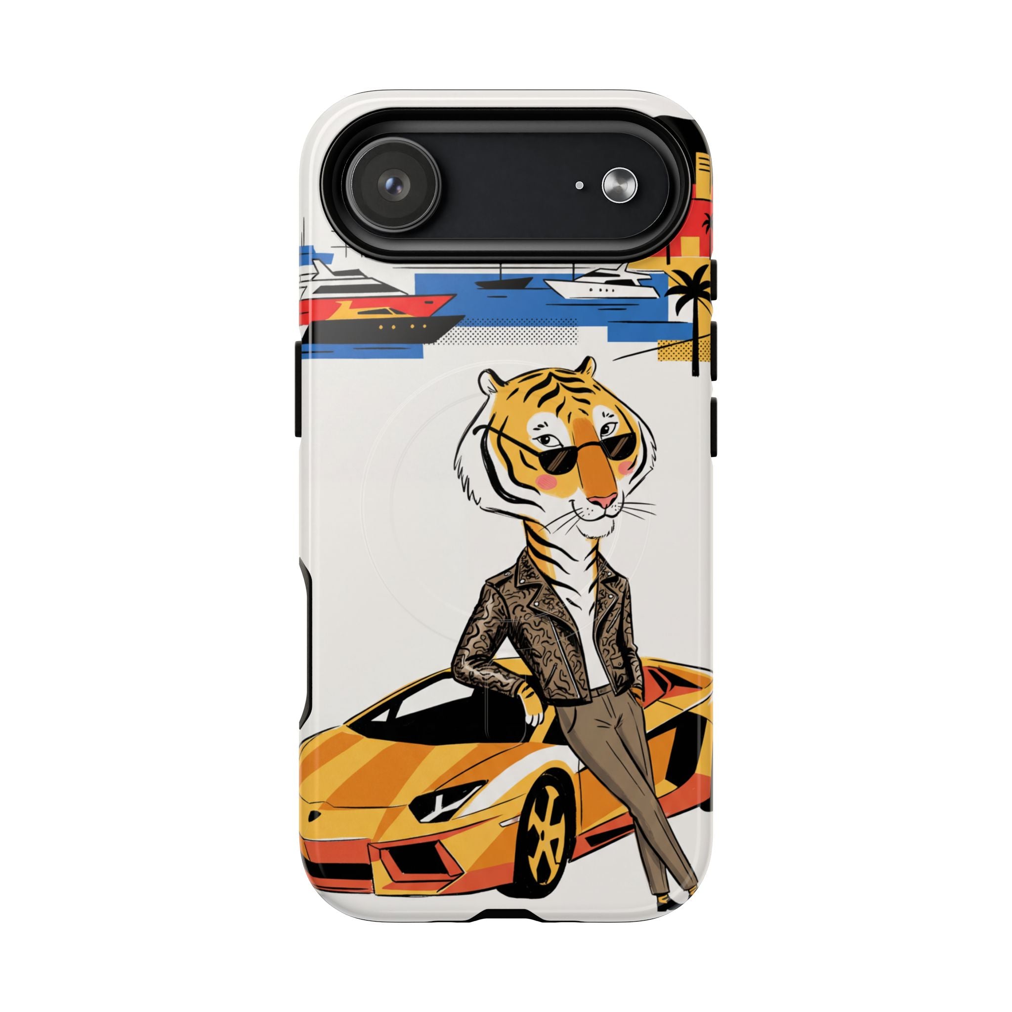 Stylish Tiger with Sports Car Illustration MagSafe iPhone Case