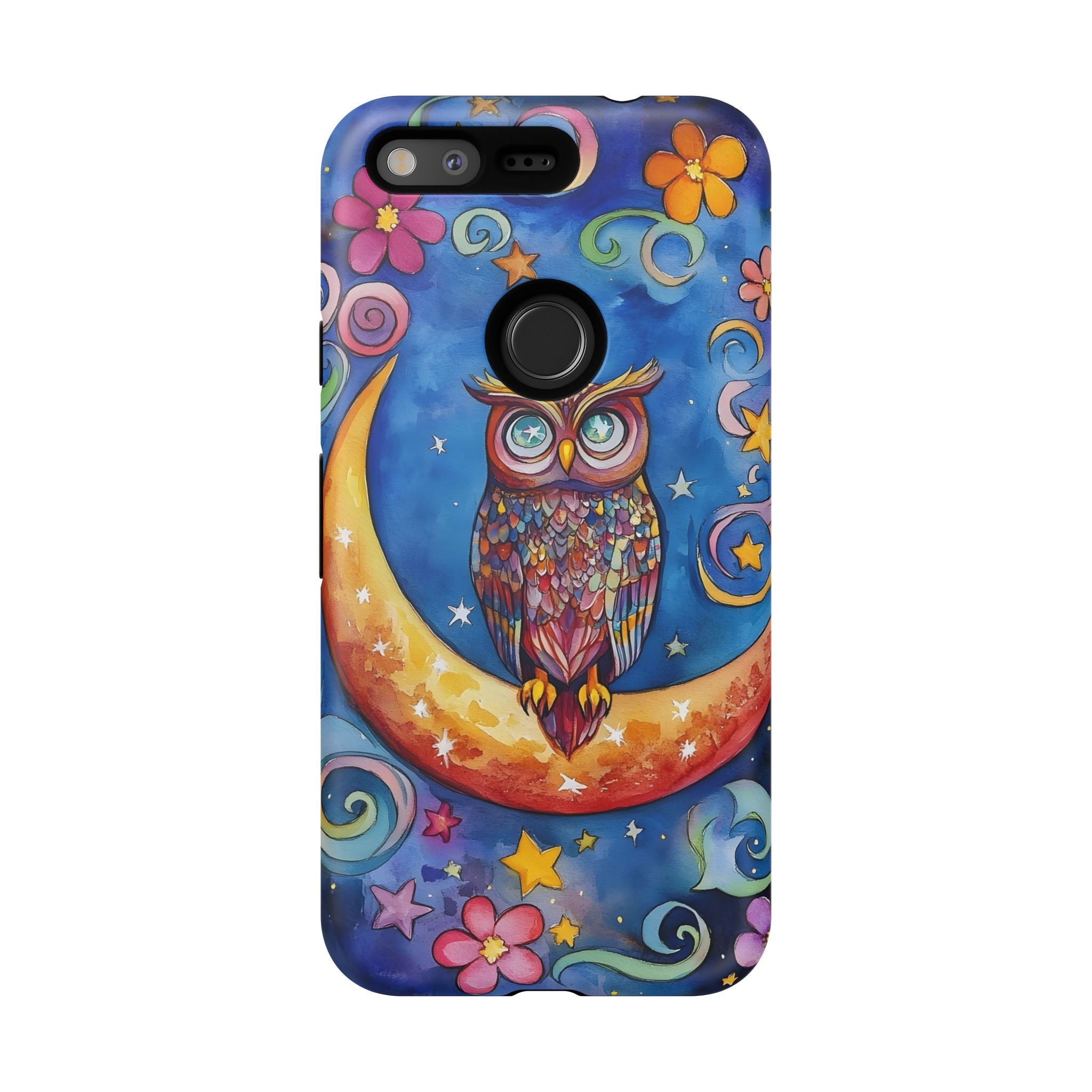 Owl on Crescent Moon Google Pixel Case — Colourful Whimsical Night Sky Design