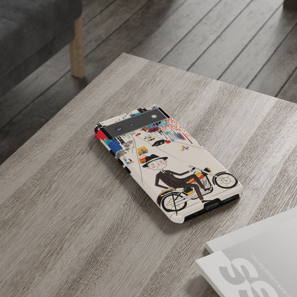 Custodia per Google Pixel Moto D'epoca Nonno Motociclista | Paesaggio Urbano Illustrato