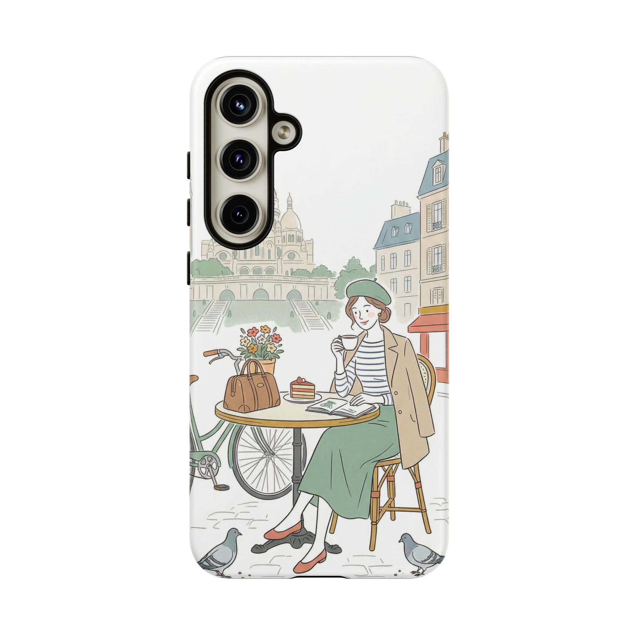 Paris Cafe Illustration Samsung Galaxy Phone Case | Vintage Bicycles & Pigeons Protective Cover