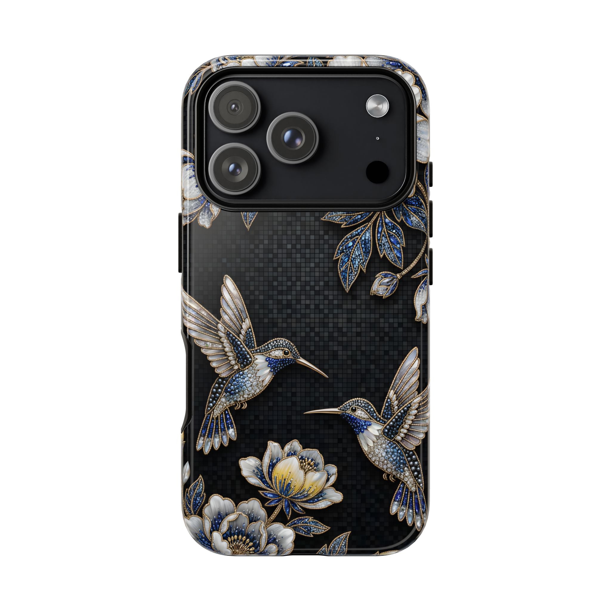 Hummingbird & Peony Floral iPhone Case | Elegant Black Protective Cover