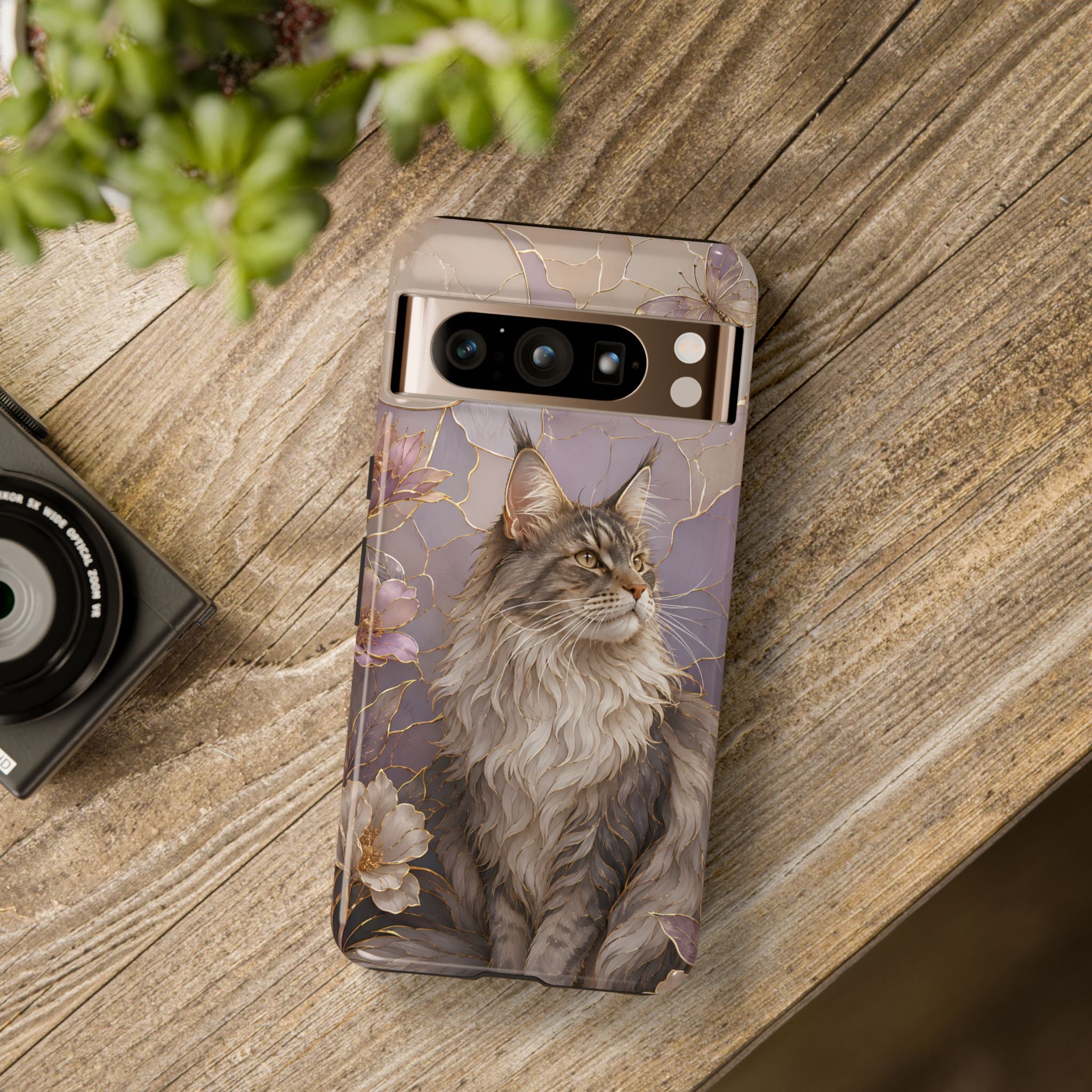 Maine Coon Cat Google Pixel Phone Case | Floral Cat Phone Case