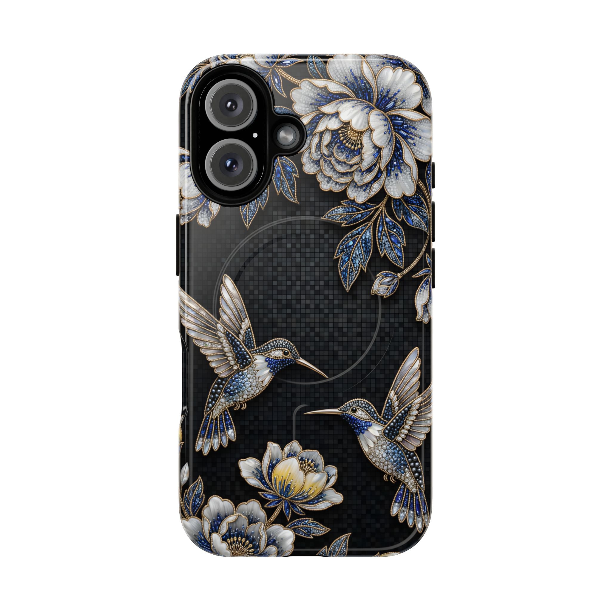 Hummingbird & Peony Floral MagSafe iPhone Case | Elegant Black Protective Cover