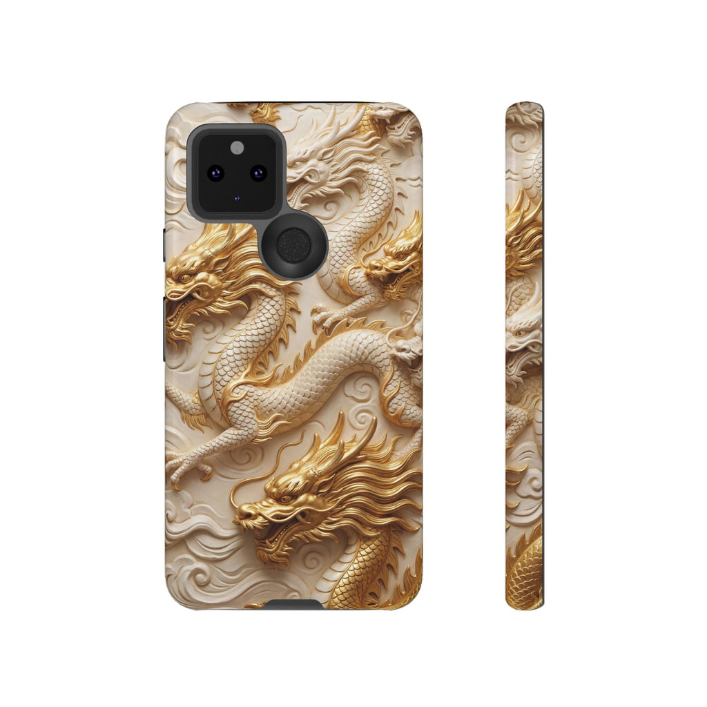Custodia per Google Pixel con motivo a drago in rilievo — Custodia protettiva con drago intagliato in oro