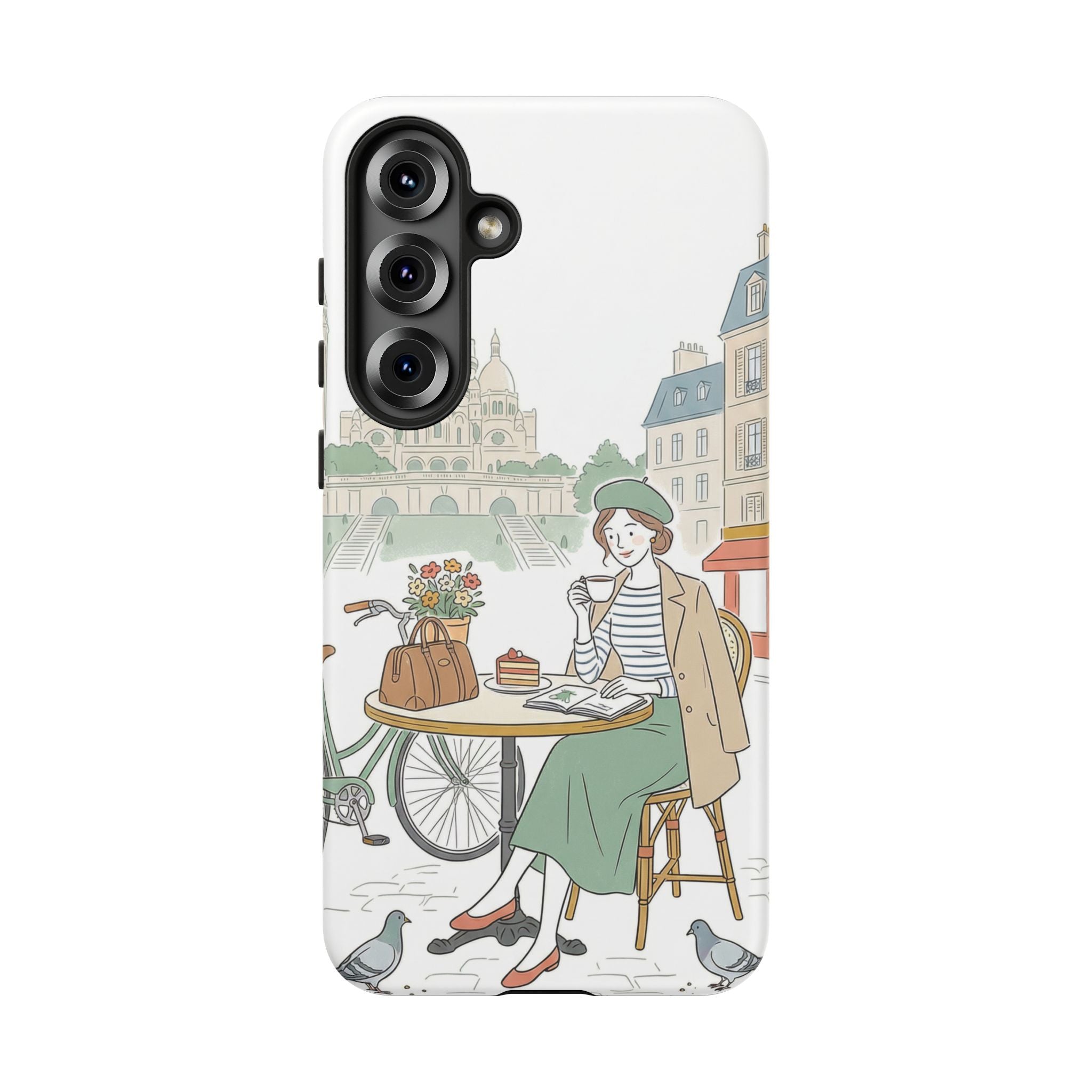Paris Cafe Illustration Samsung Galaxy Phone Case | Vintage Bicycles & Pigeons Protective Cover
