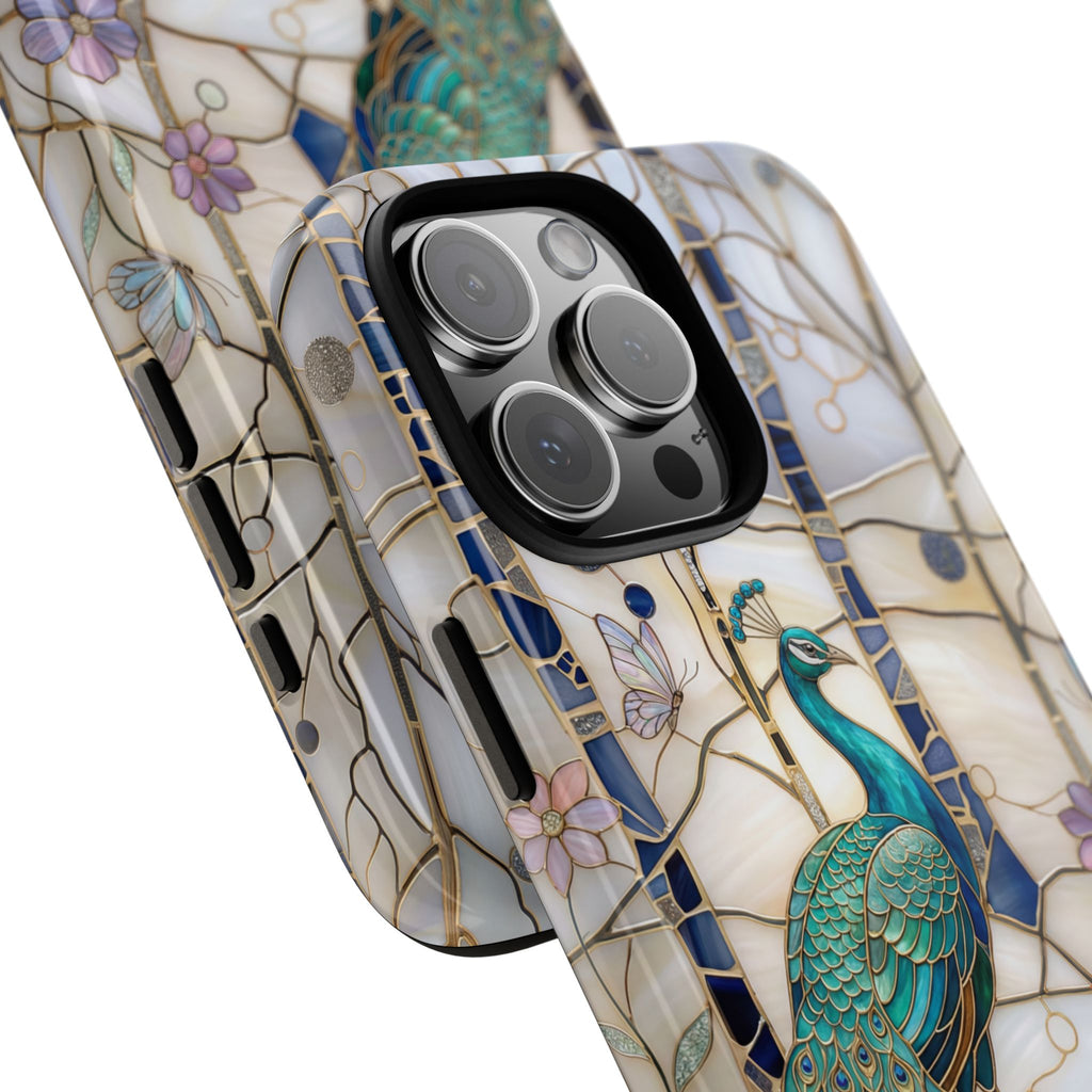 Custodia per iPhone con pavone in vetro colorato