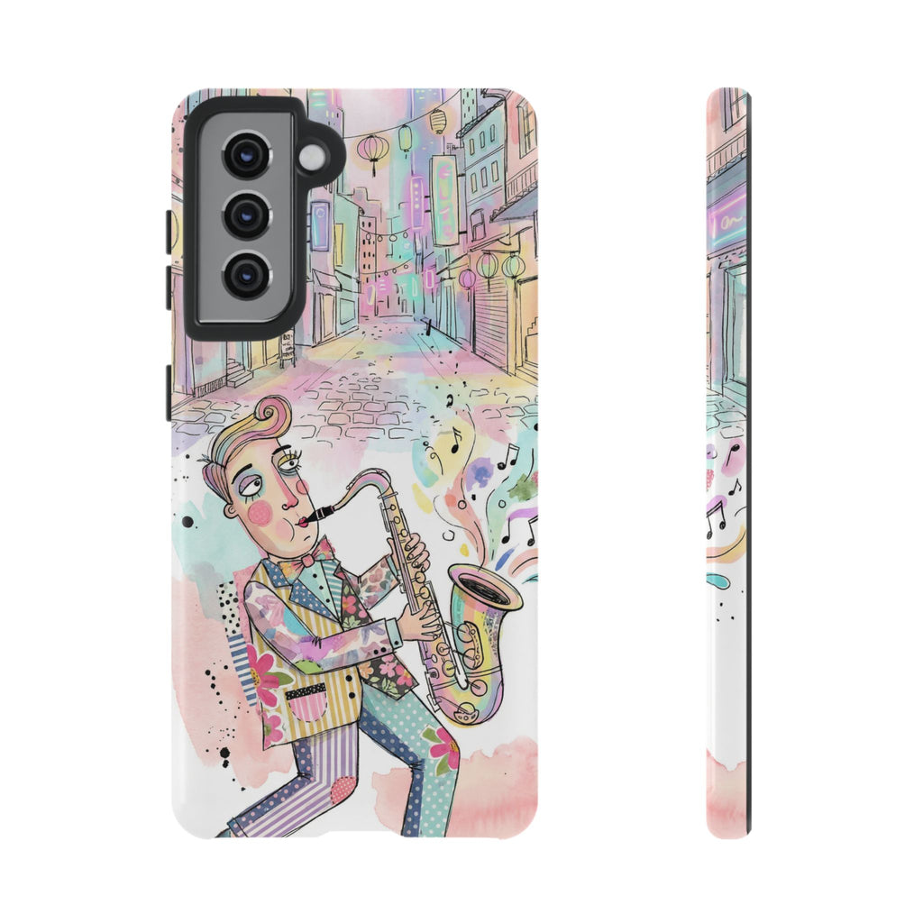 Sax Player Art Samsung Galaxy Phone Case | Pastel Jazz Street Illustration