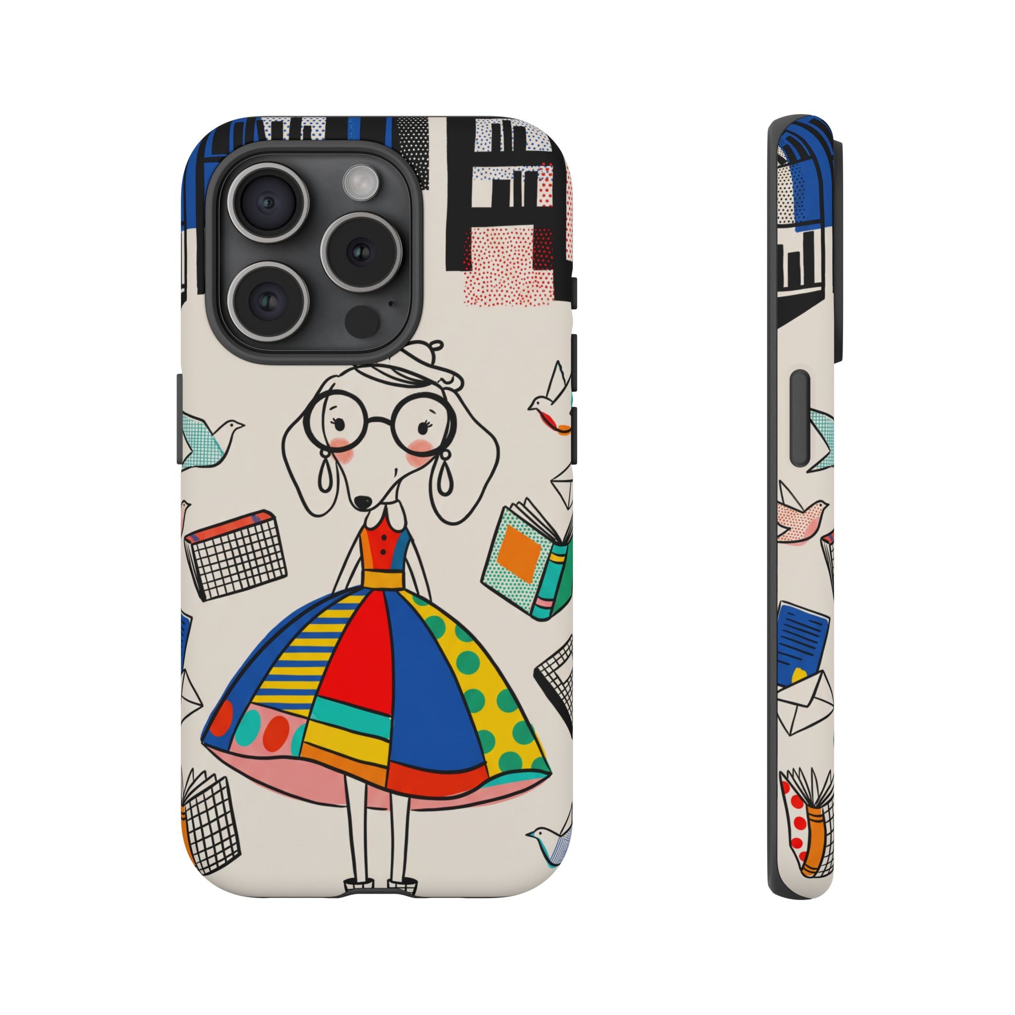 Cute Dachshund Dog Illustration iPhone Case | Colorful Whimsical Book & Bird Design