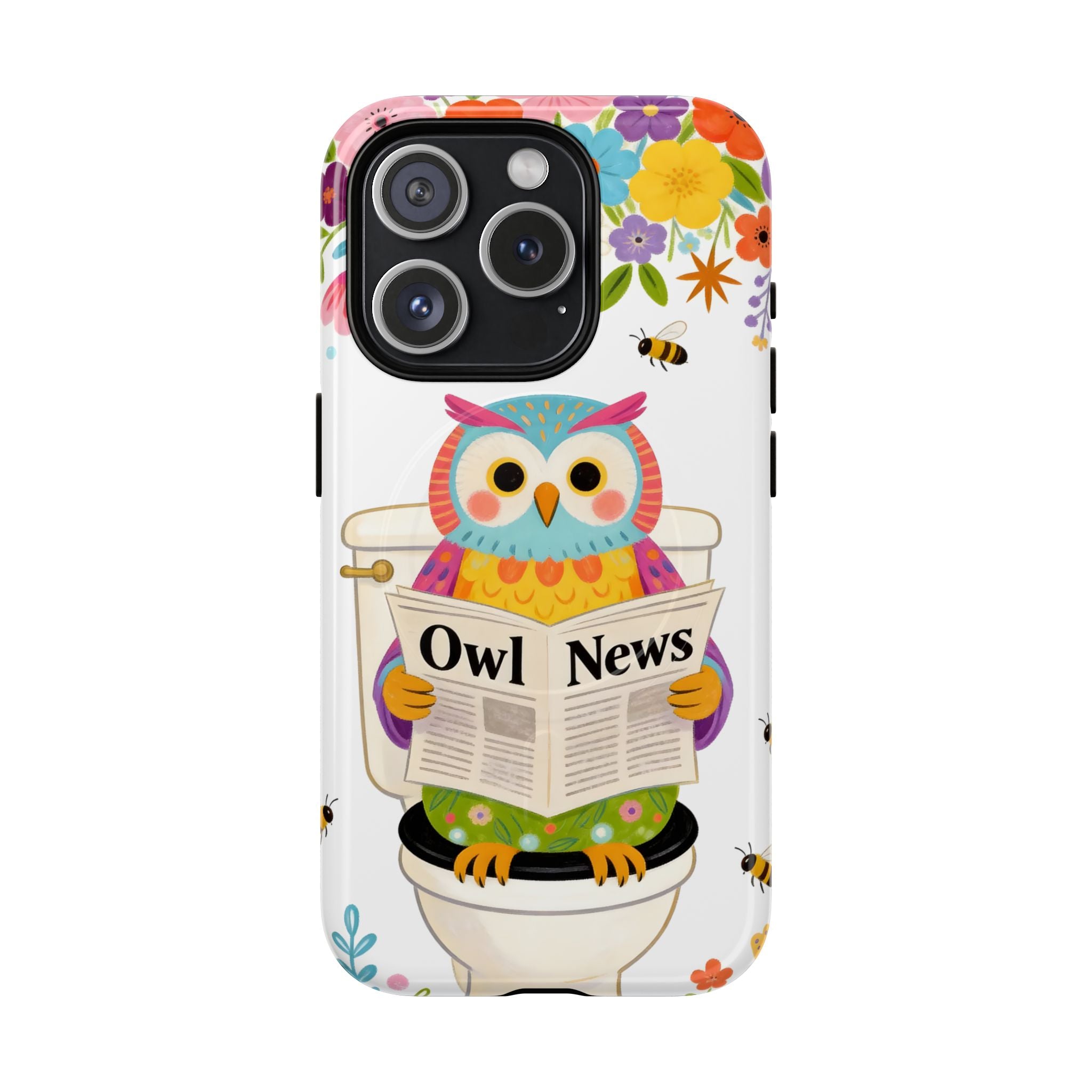 Owl News Floral MagSafe iPhone Case | Cute Owl Reading Newspaper on Toilet