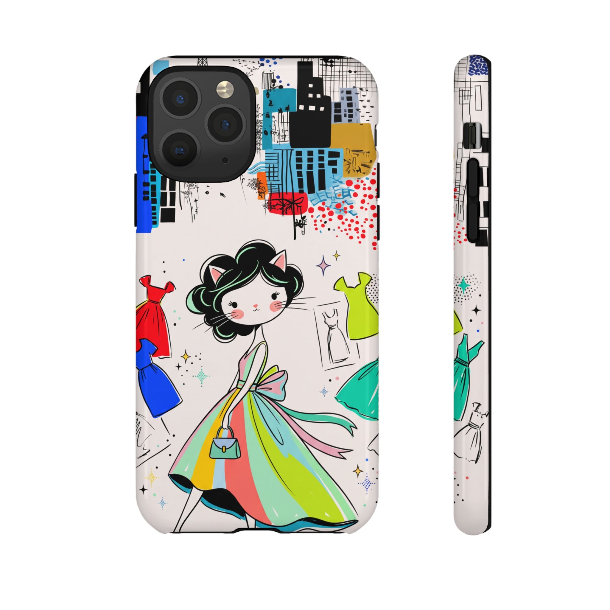 Retro Fashion Cat Girl iPhone Case | Cute Dress & City Print