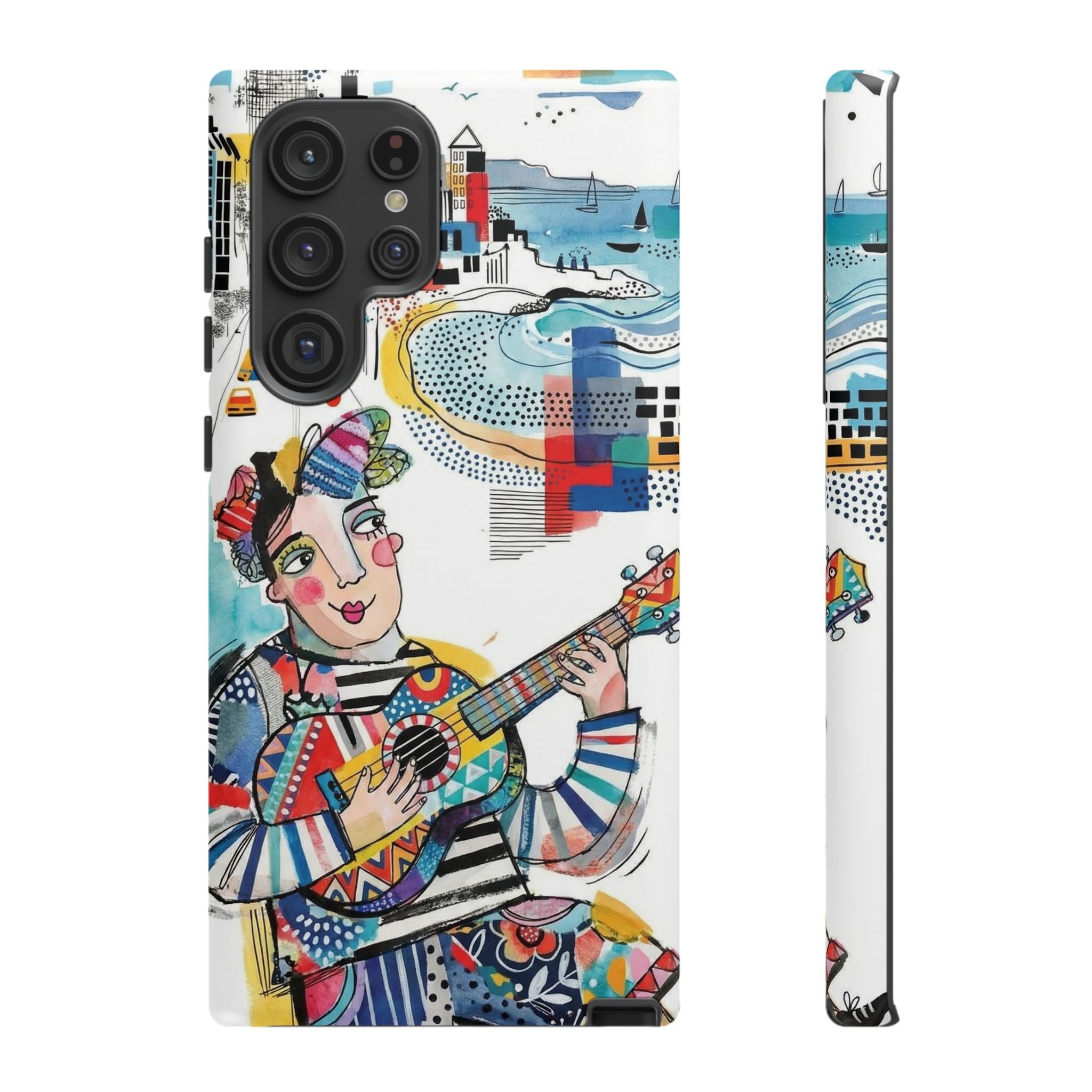 Custodia per Samsung Galaxy per Musicisti Artistici | Custodia Resistente con Chitarra Colorata e Paesaggio Urbano