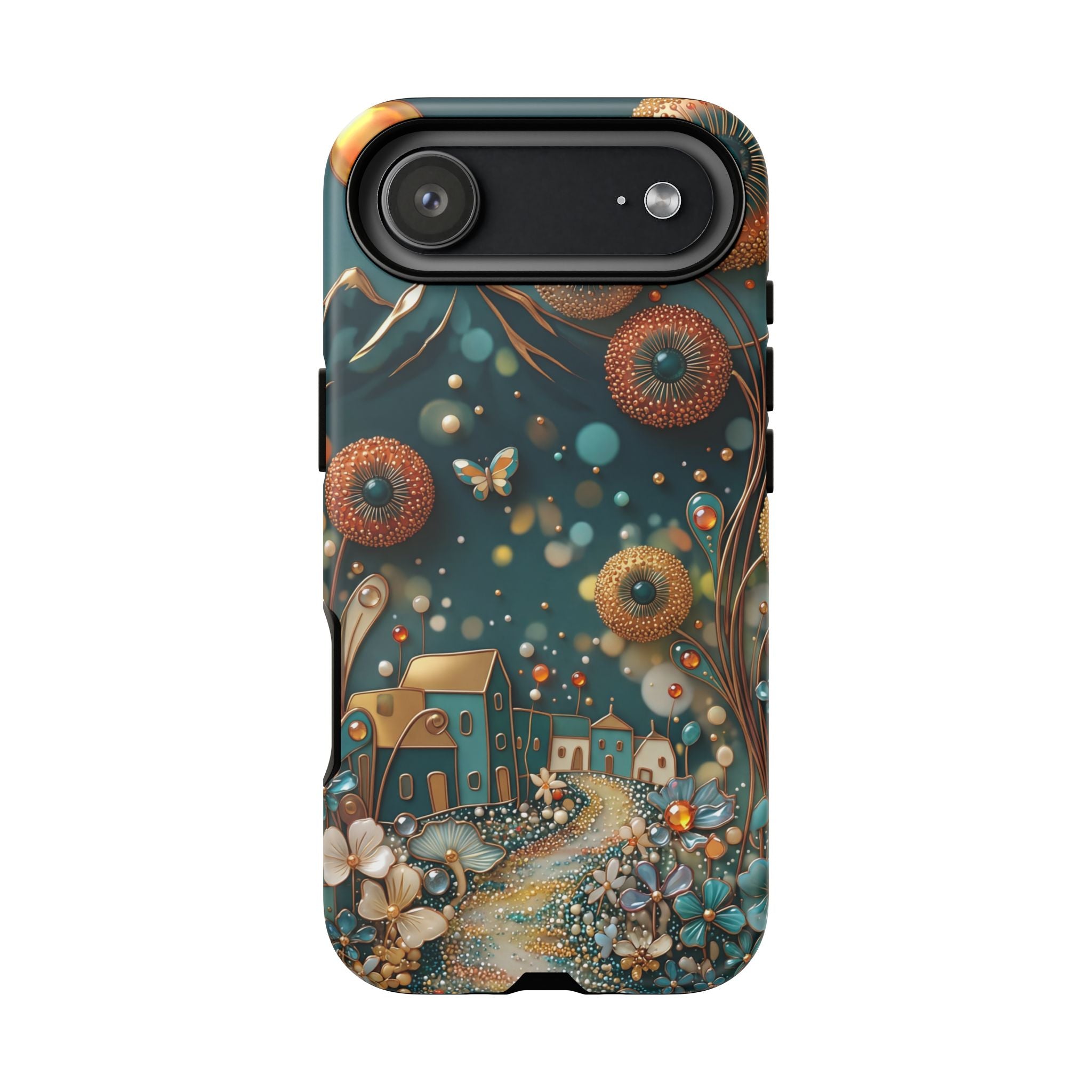 Whimsical Night Village iPhone Case | Floral Moonlit Art Tough Case