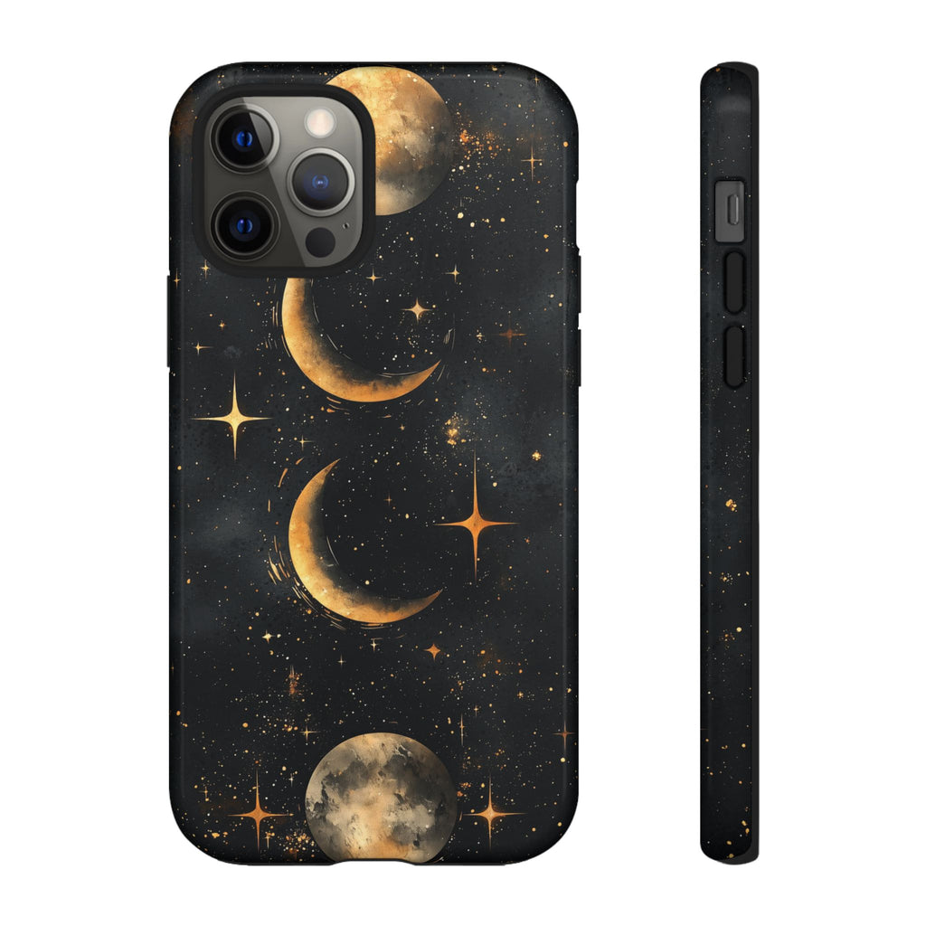 Celestial Moon Phases Tough iPhone Case | Gold Crescent & Full Moon Galaxy Design