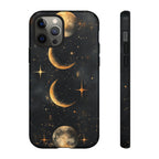 Celestial Moon Phases Tough iPhone Case | Gold Crescent & Full Moon Galaxy Design