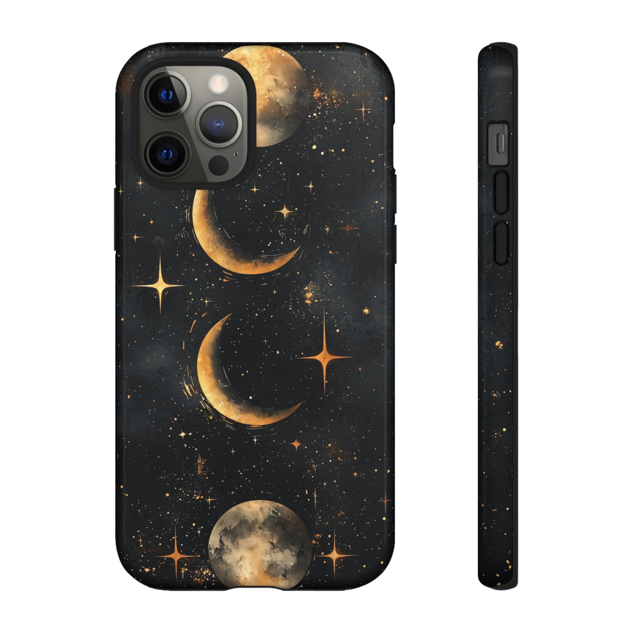 Celestial Moon Phases Tough iPhone Case | Gold Crescent & Full Moon Galaxy Design
